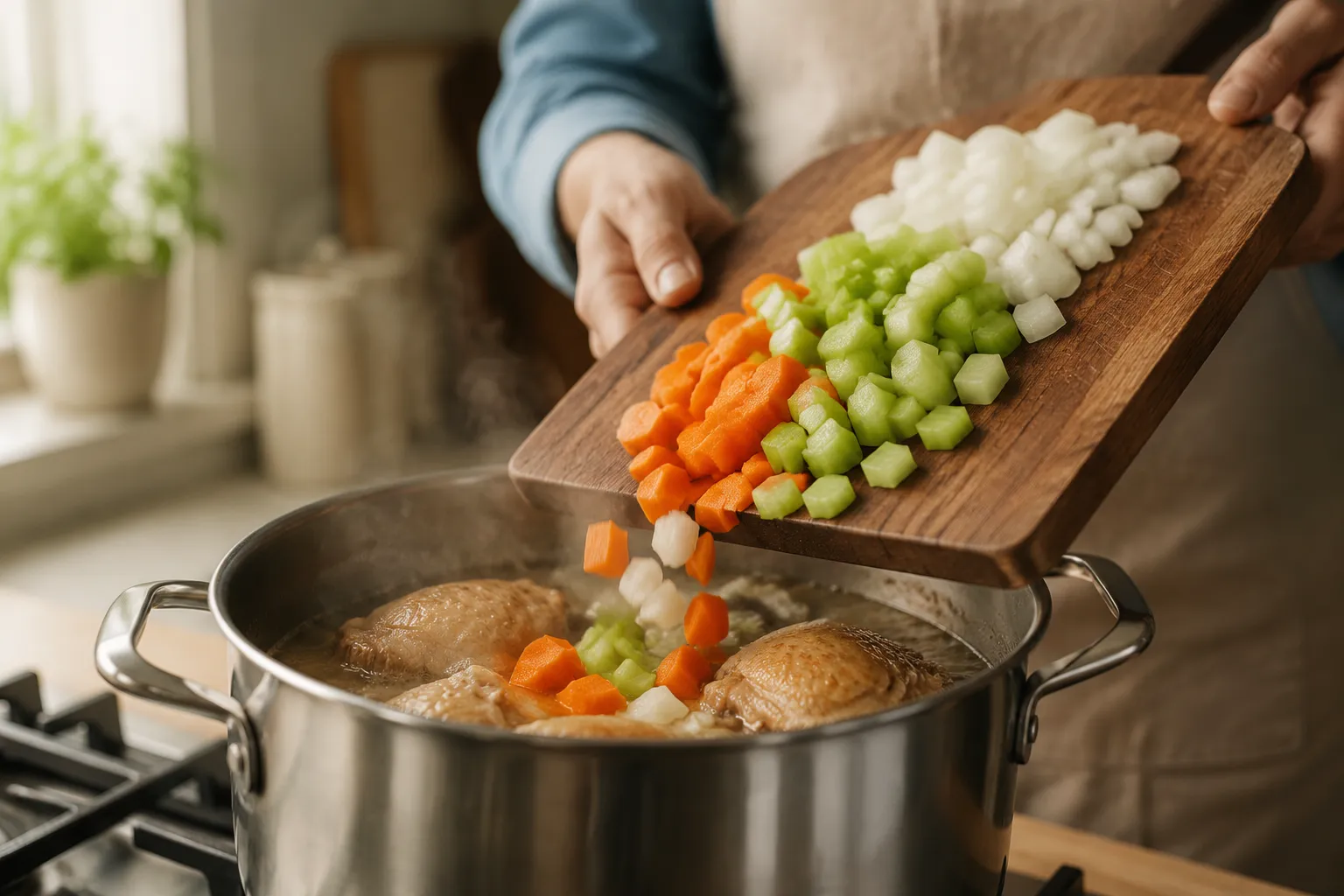 Adding vegetables to stockpot for homemade chicken broth