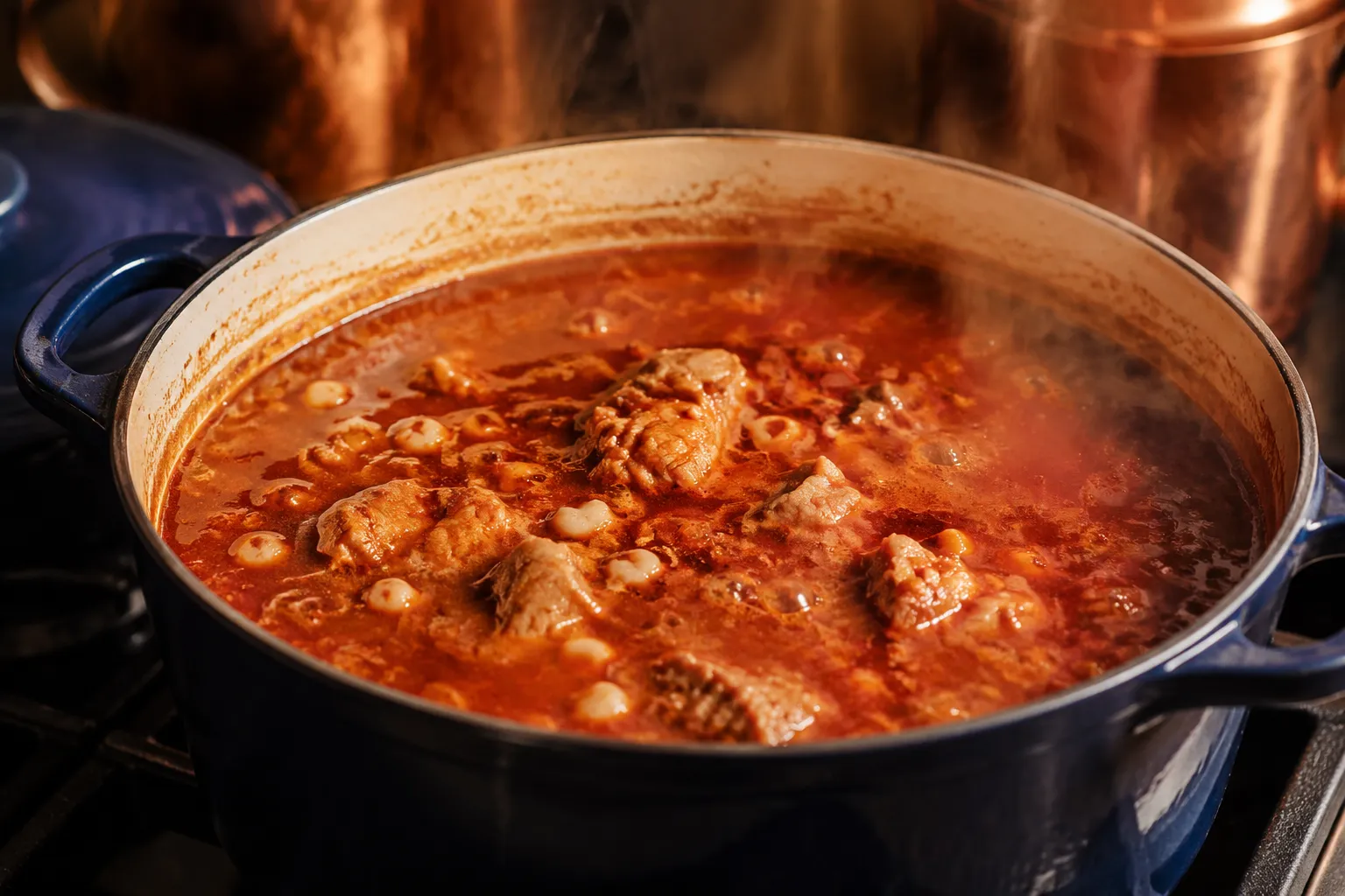 Pork and hominy simmering in red chile broth in a Dutch oven