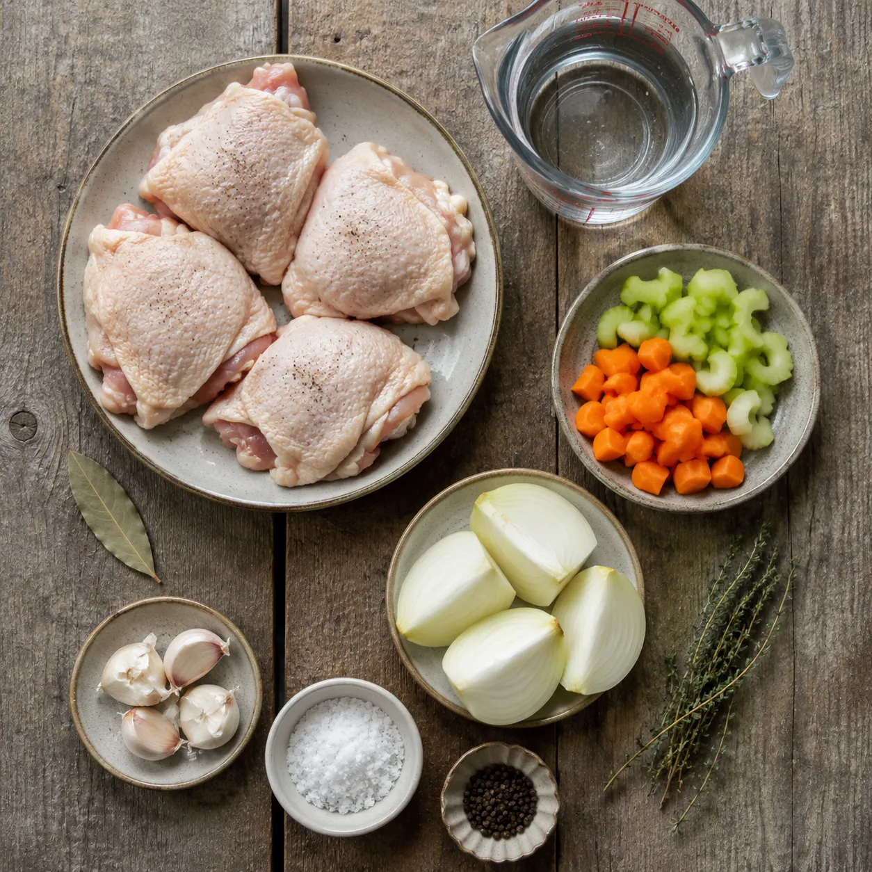 Homemade chicken broth ingredients flatlay as safe alternative to recalled Walmart broth
