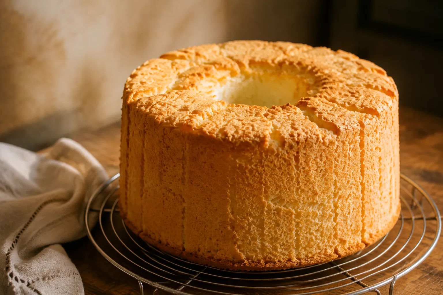 Freshly baked angel food cake cooling on wire rack