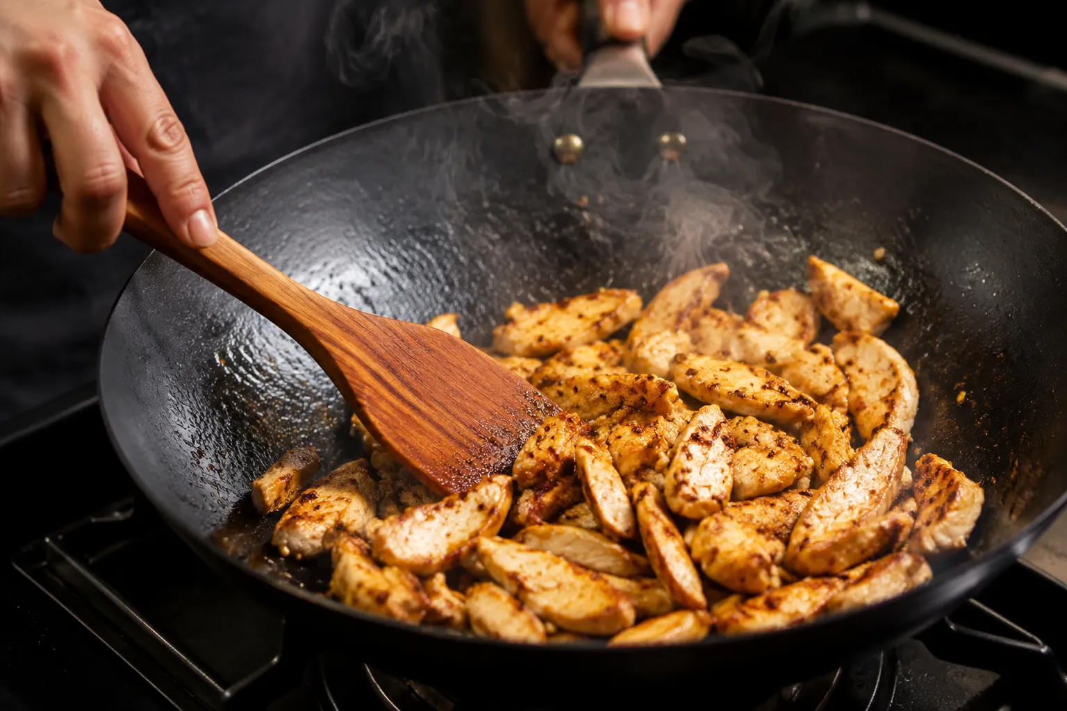 Searing marinated chicken slices in a wok for chicken lo mein