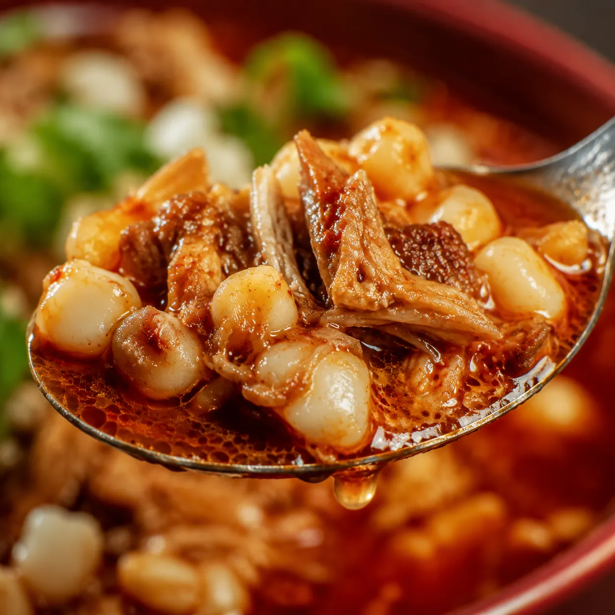 Close-up macro of posole with hominy and pork on a spoon