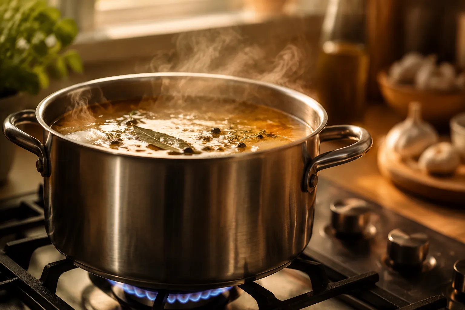 Chicken broth simmering on the stove as a recall safe swap