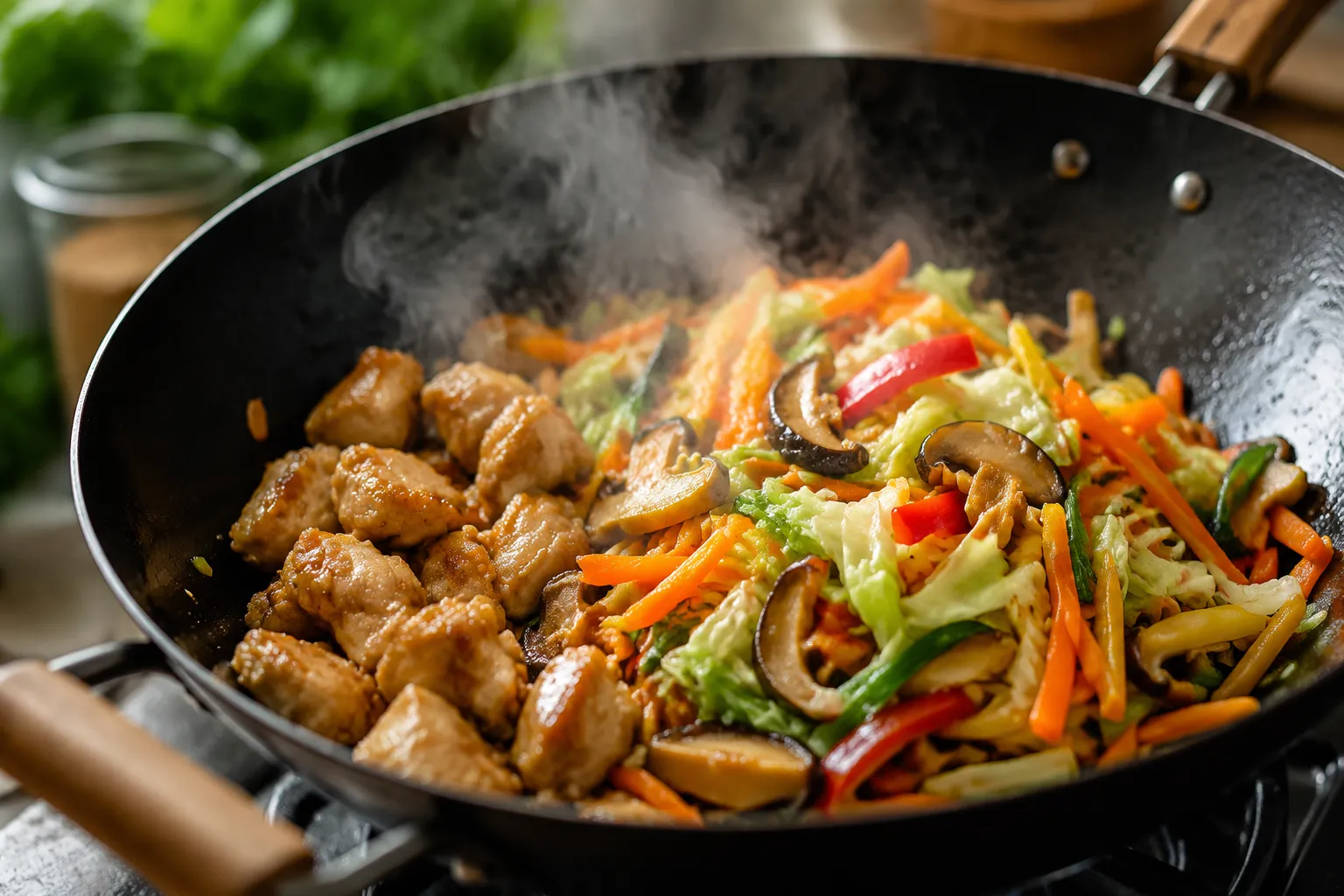 Stir-frying vegetables and chicken in a wok