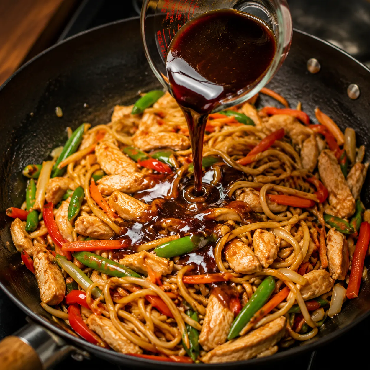 Pouring lo mein sauce over chicken, noodles, and vegetables in a wok