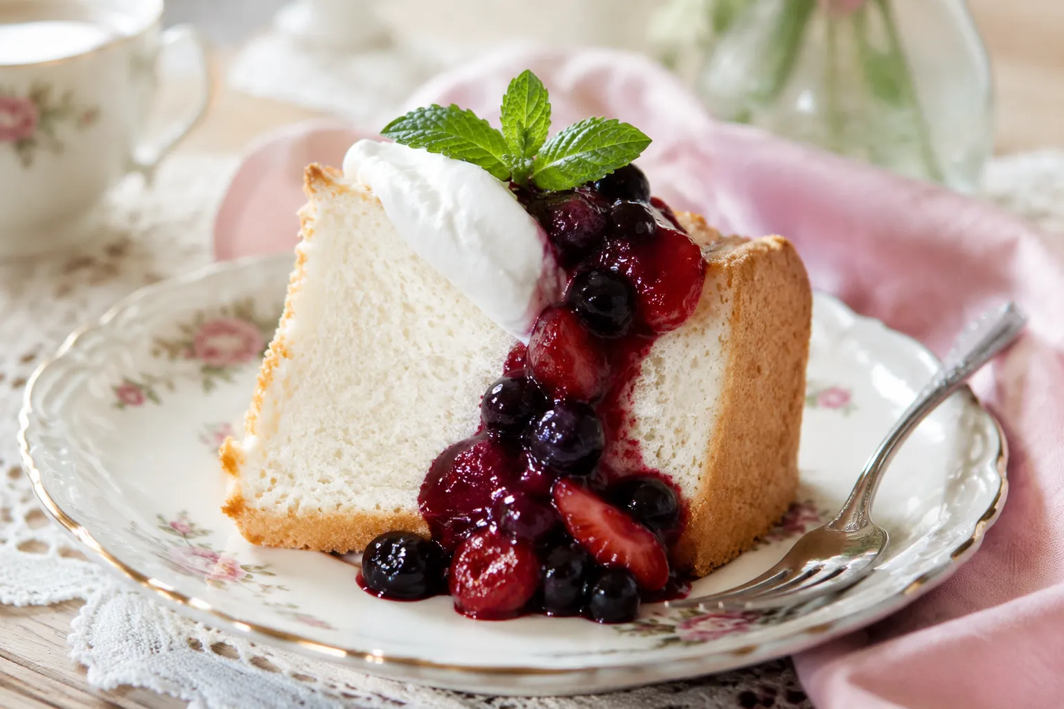Slice of angel food cake recipe served with berries and cream