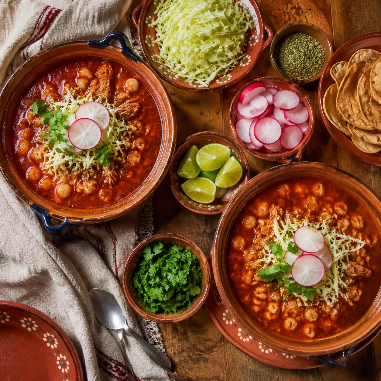 Posole served with traditional toppings including cabbage, radish, and lime