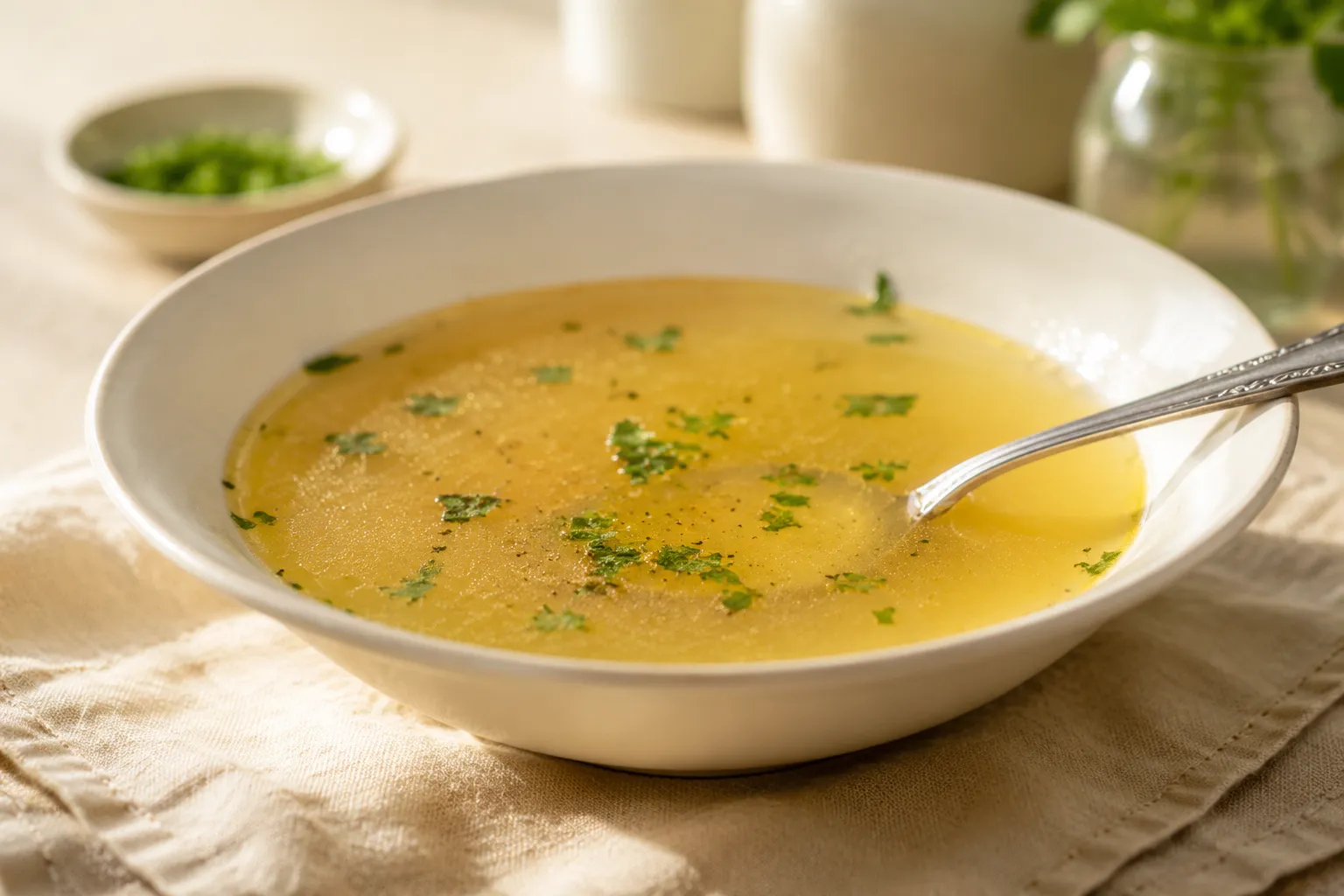 Finished homemade chicken broth recipe in a white bowl