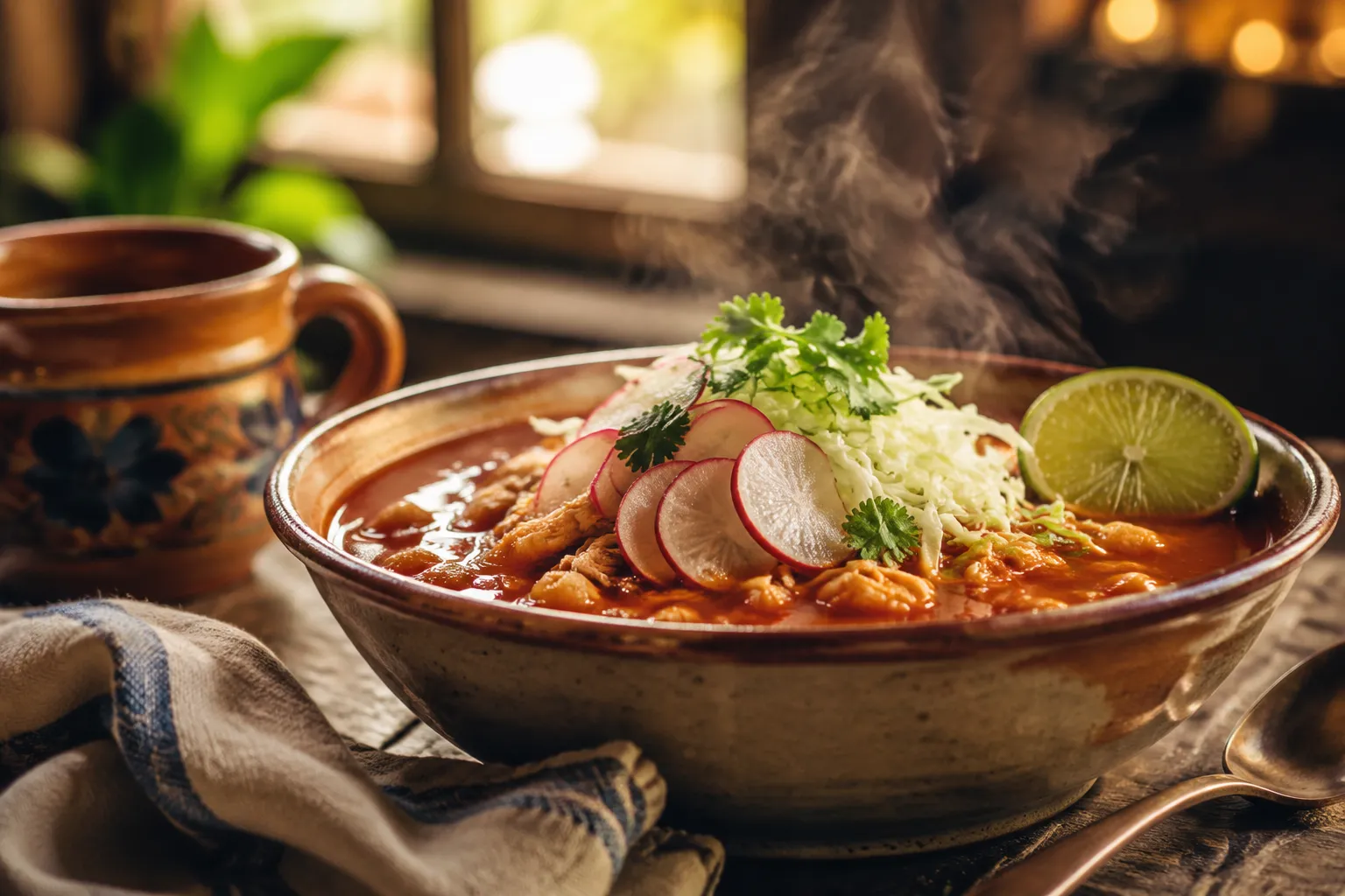 Finished bowl of posole rojo garnished with cabbage and radishes