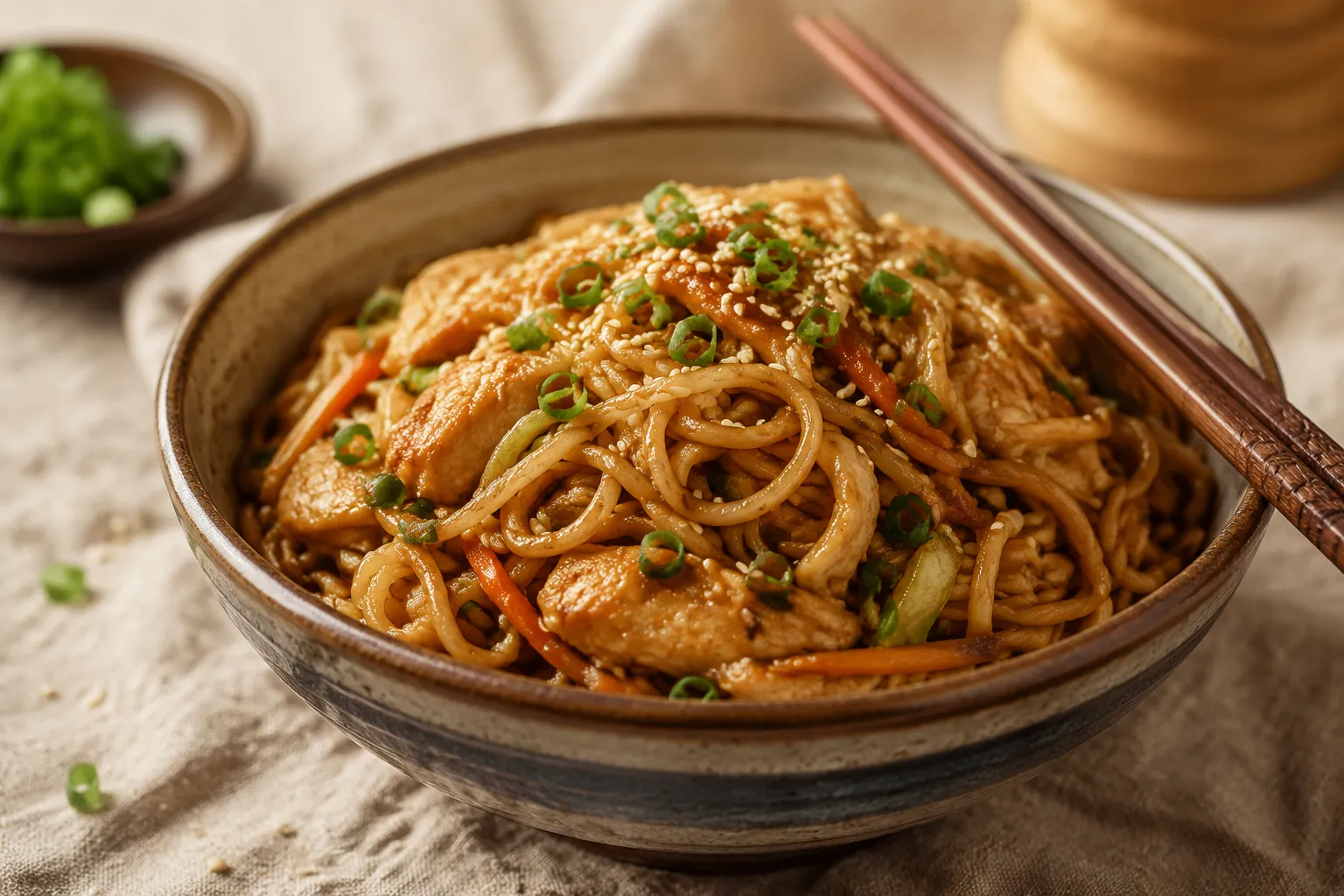 Bowl of finished chicken lo mein with scallions and sesame seeds