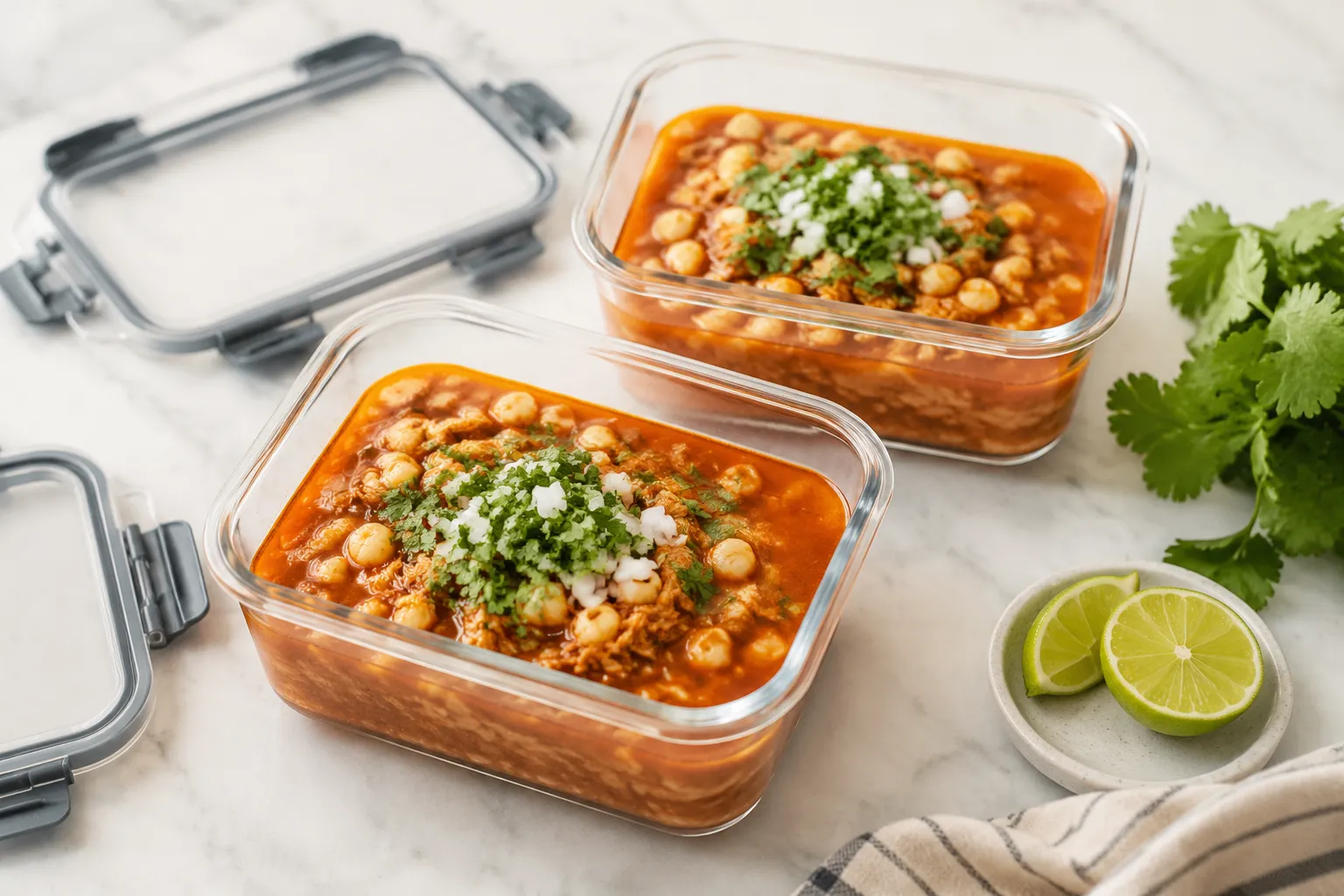 Leftover posole stored in glass meal prep containers