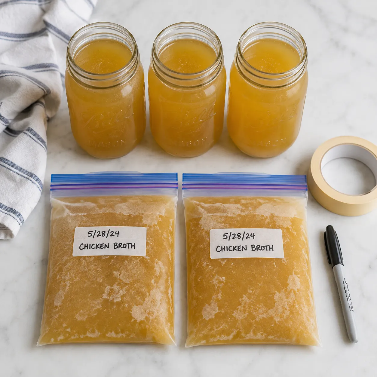 Storing homemade chicken broth in jars and freezer bags