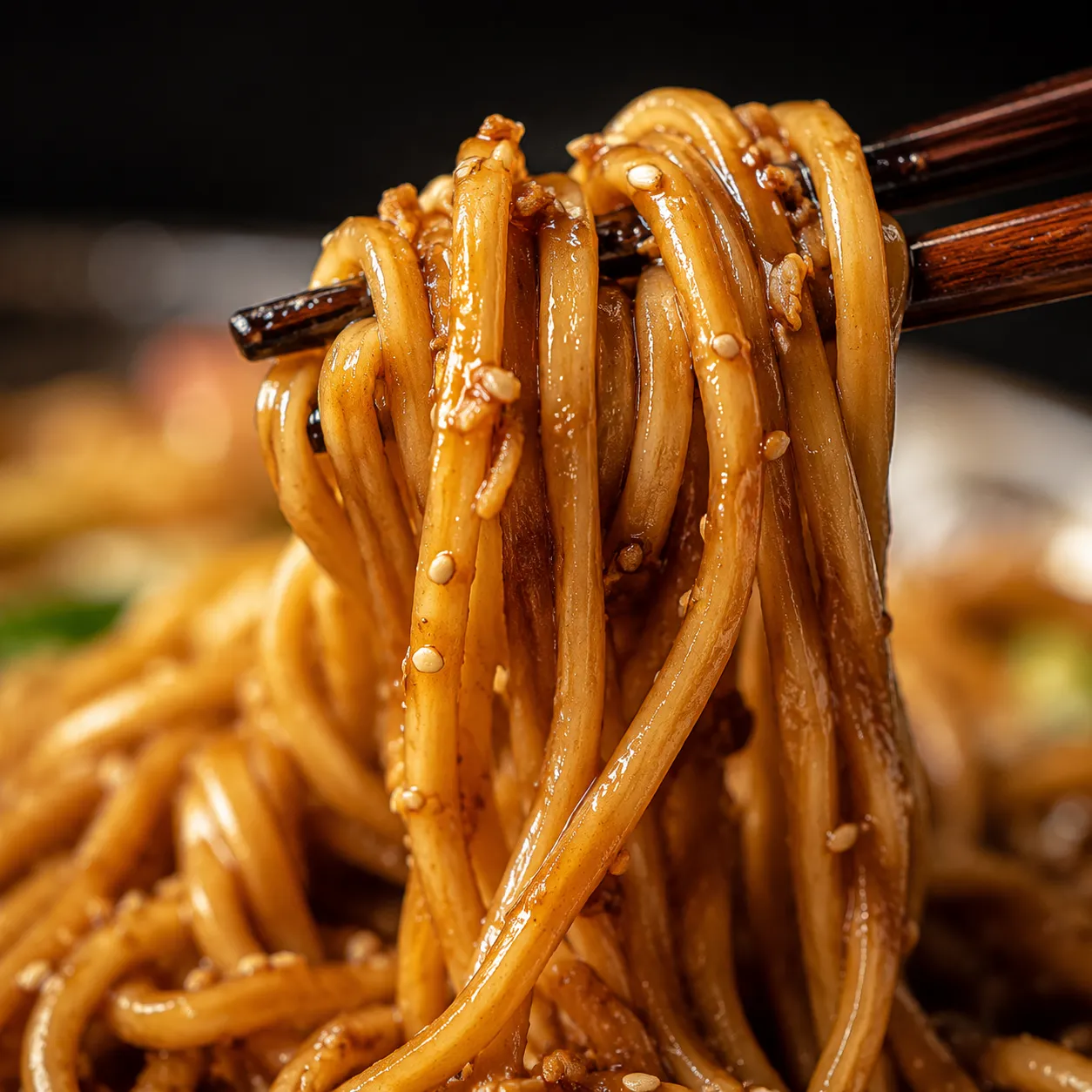 Close-up of saucy chicken lo mein noodles lifted with chopsticks