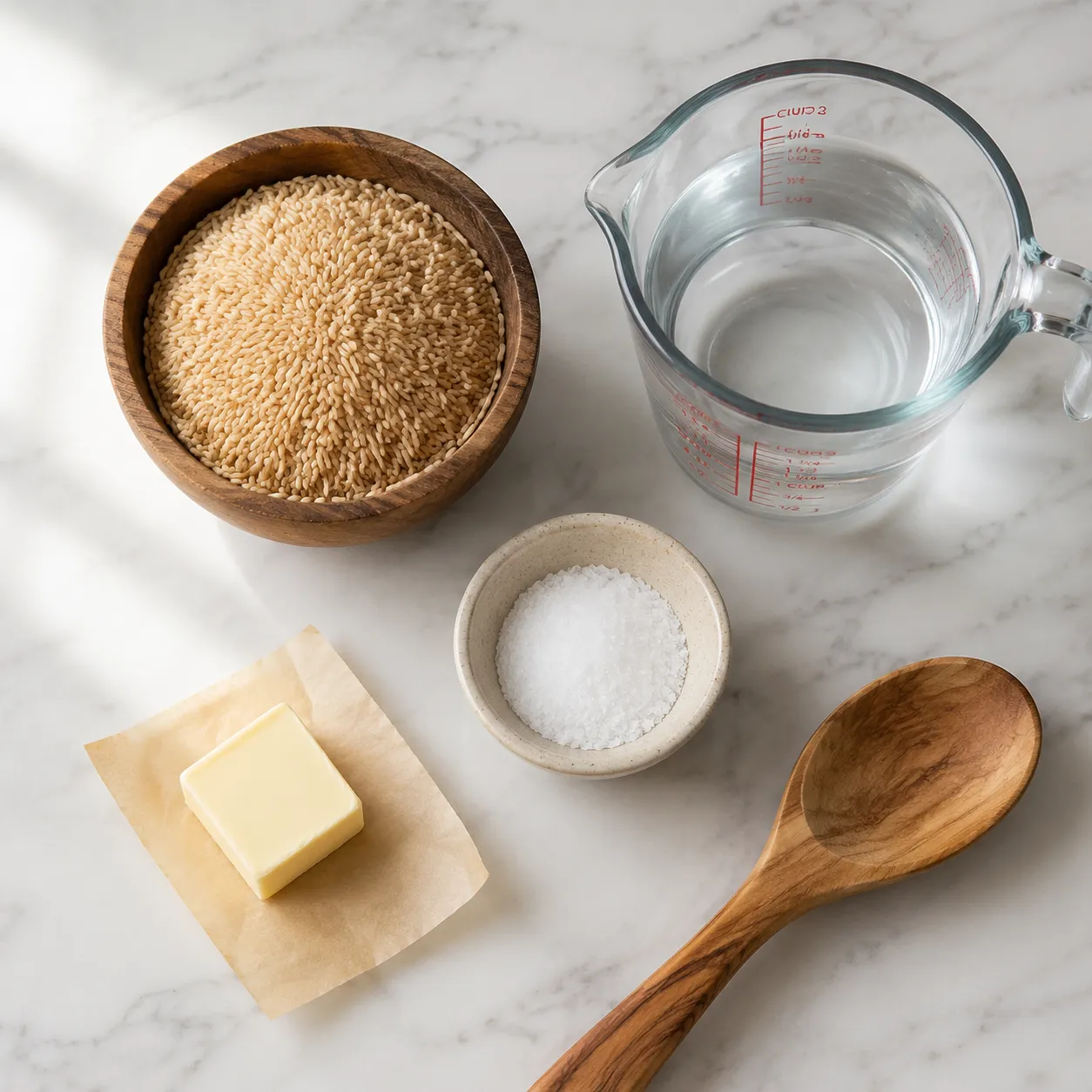 Brown rice ingredients flatlay with rice, water, salt, and butter on marble