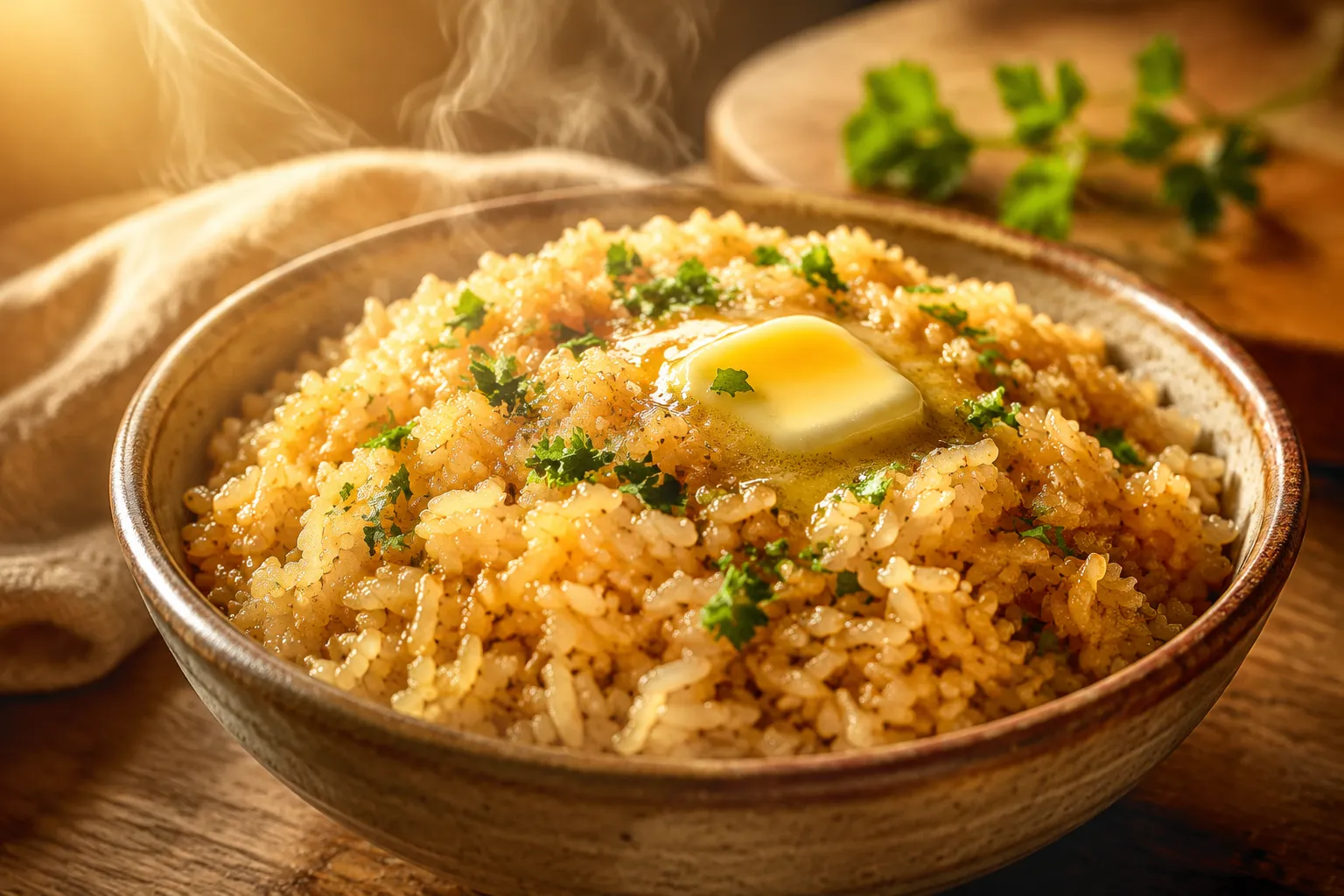 Brown rice recipe served fluffy in a rustic bowl with melted butter and parsley