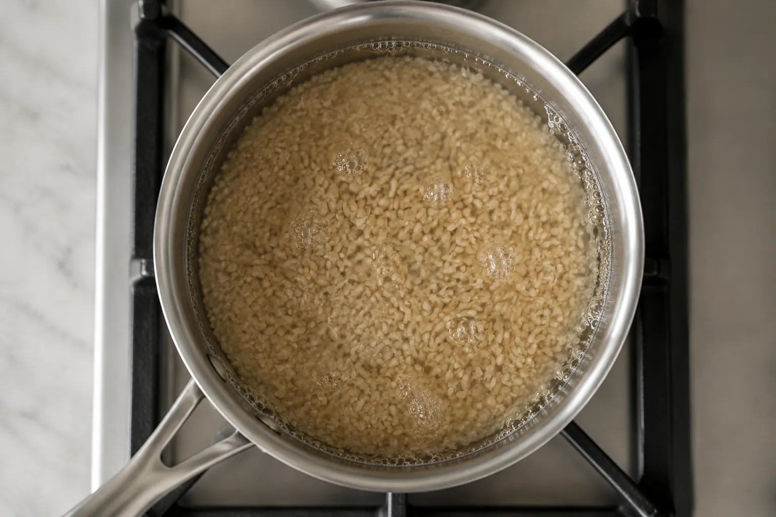 Brown rice simmering in a saucepan on the stovetop