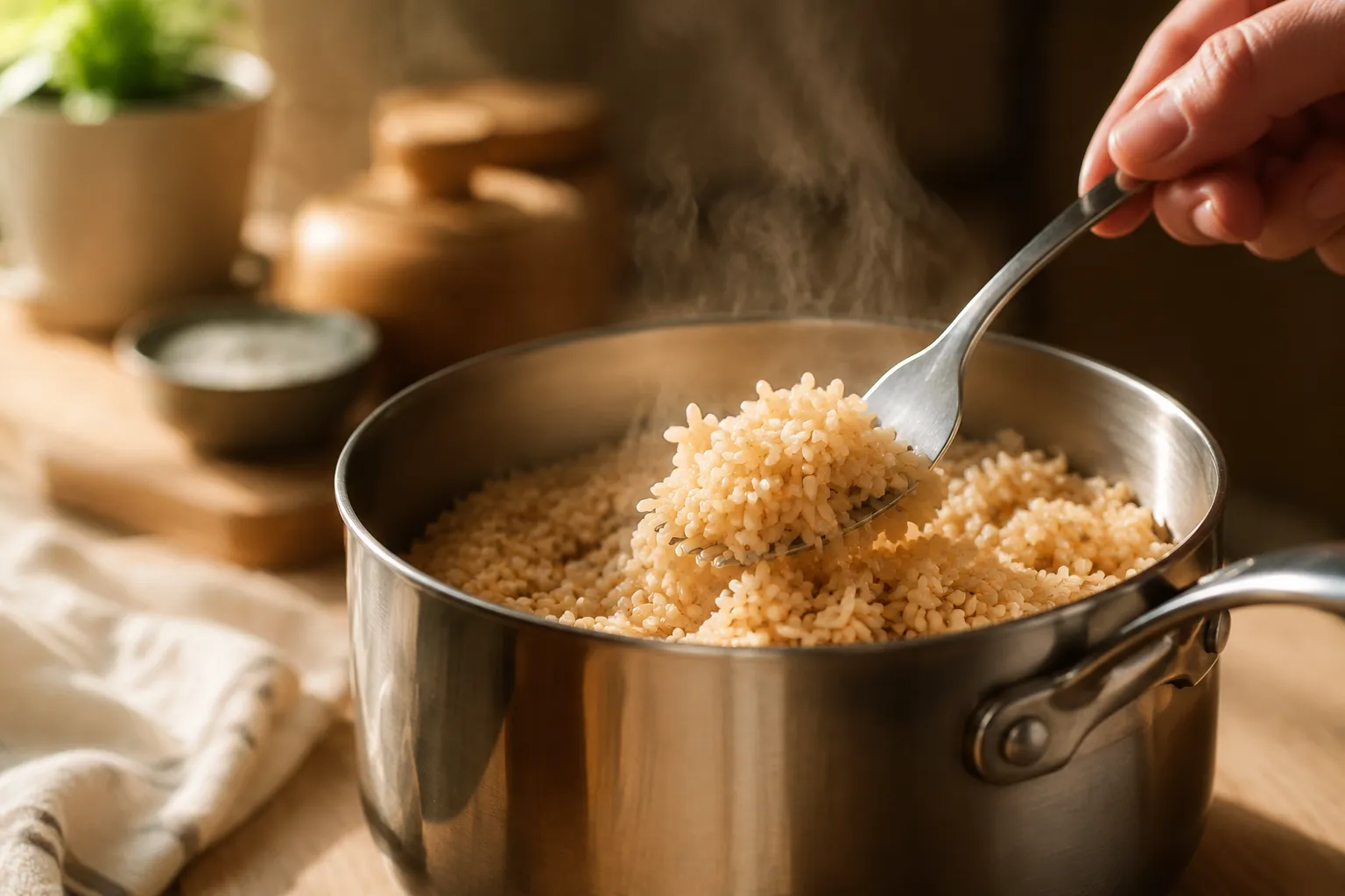 Fluffing cooked brown rice with a fork to separate the grains