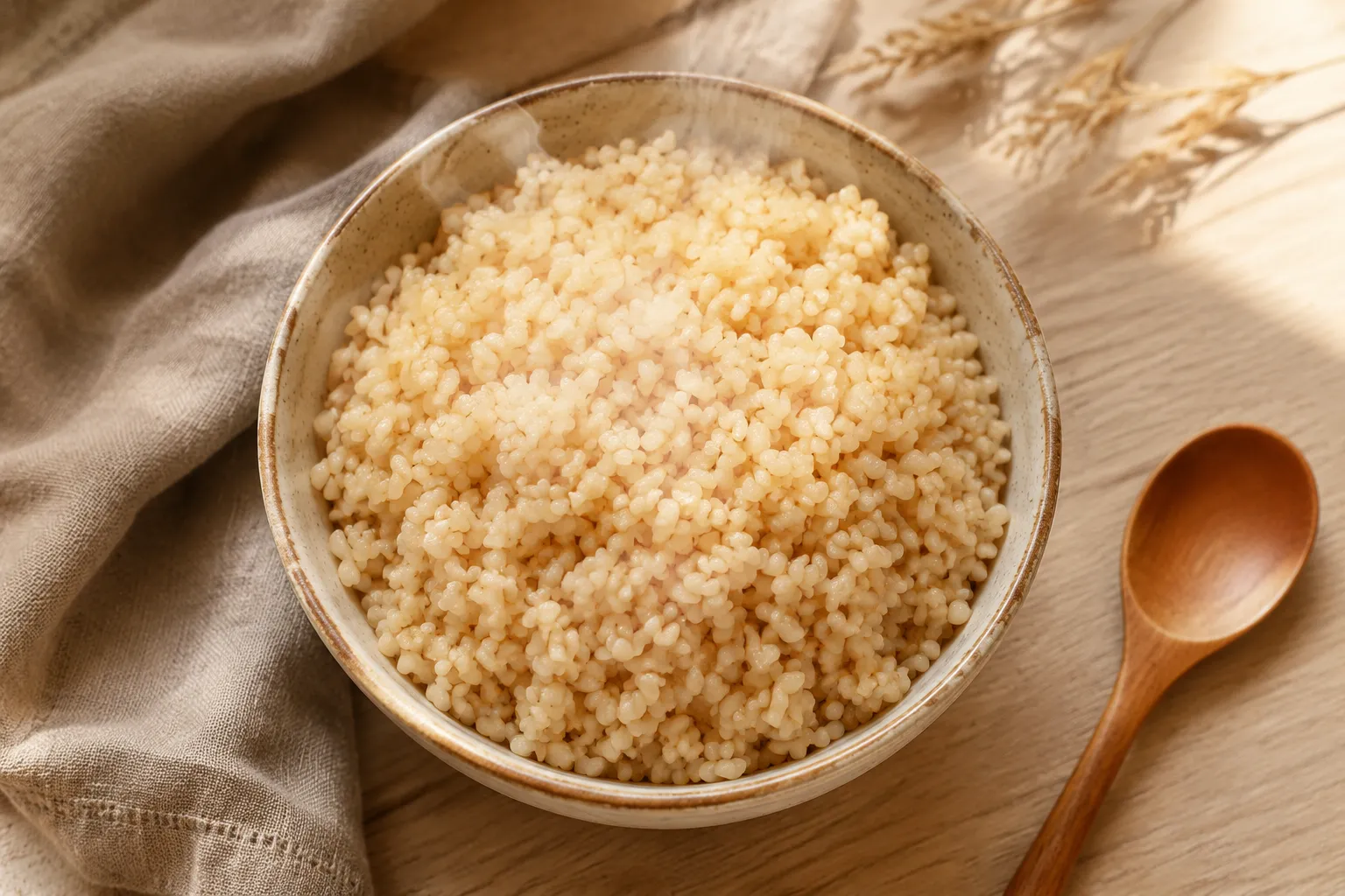 Bowl of fluffy cooked brown rice ready to serve as a side dish