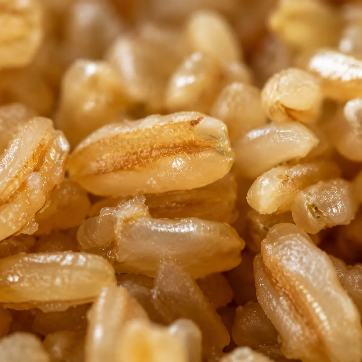 Macro close-up of fluffy cooked brown rice grains showing texture