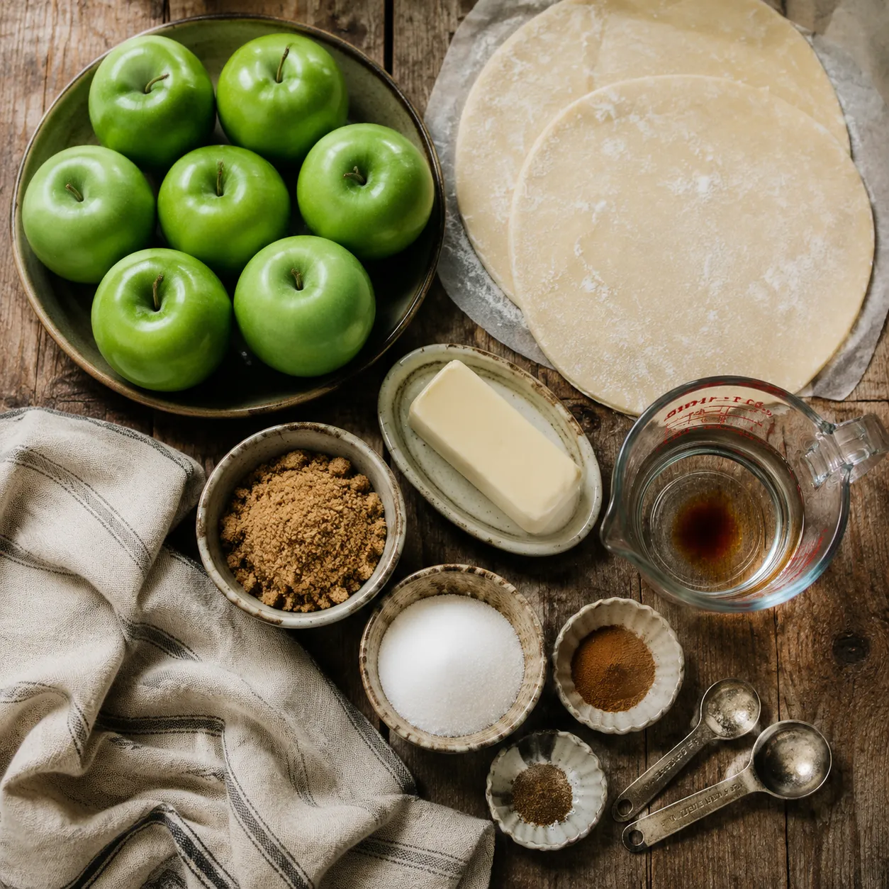 Apple dumpling recipe ingredients flatlay with Granny Smith apples and pie crust
