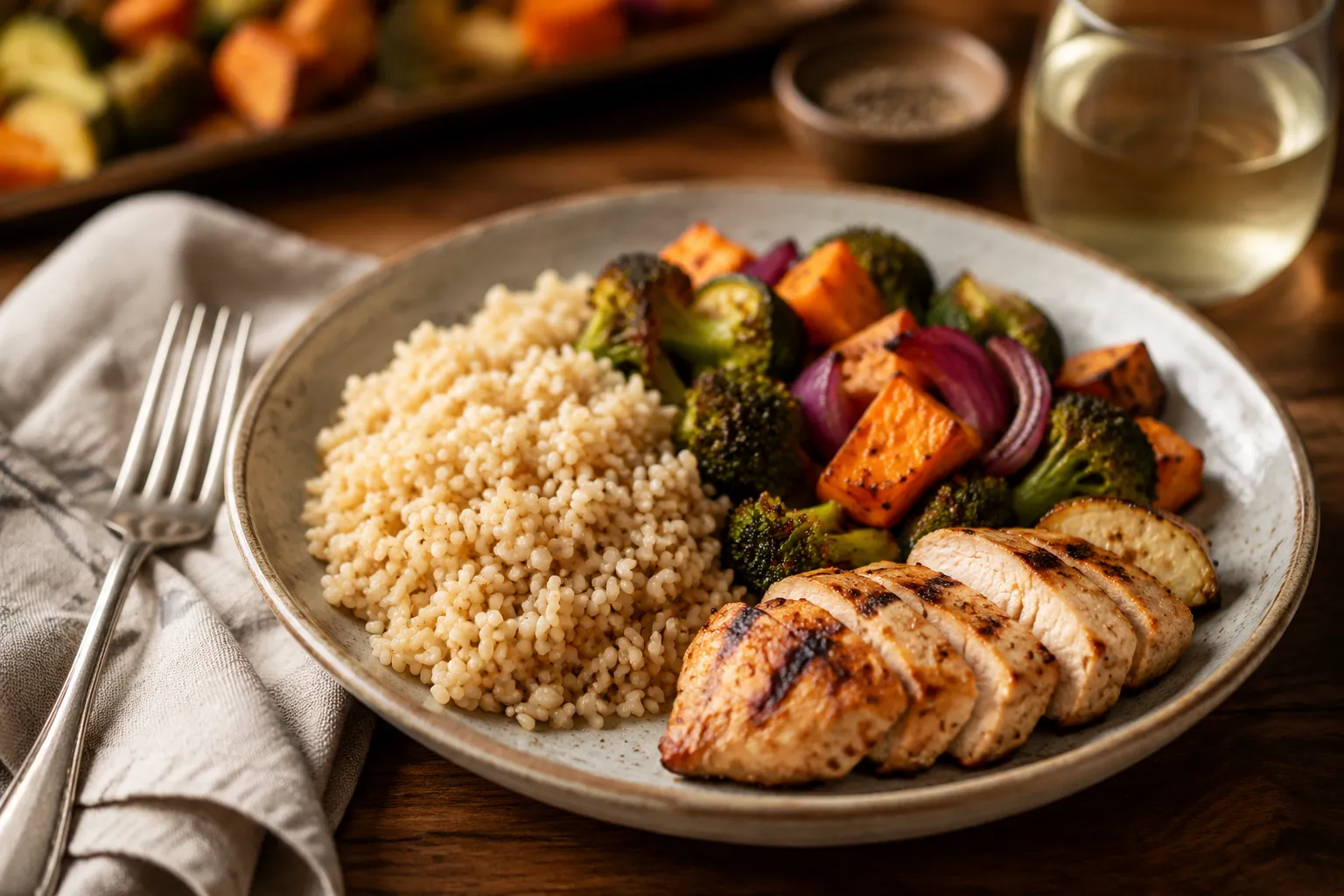 Brown rice served as a healthy side dish with roasted vegetables and chicken