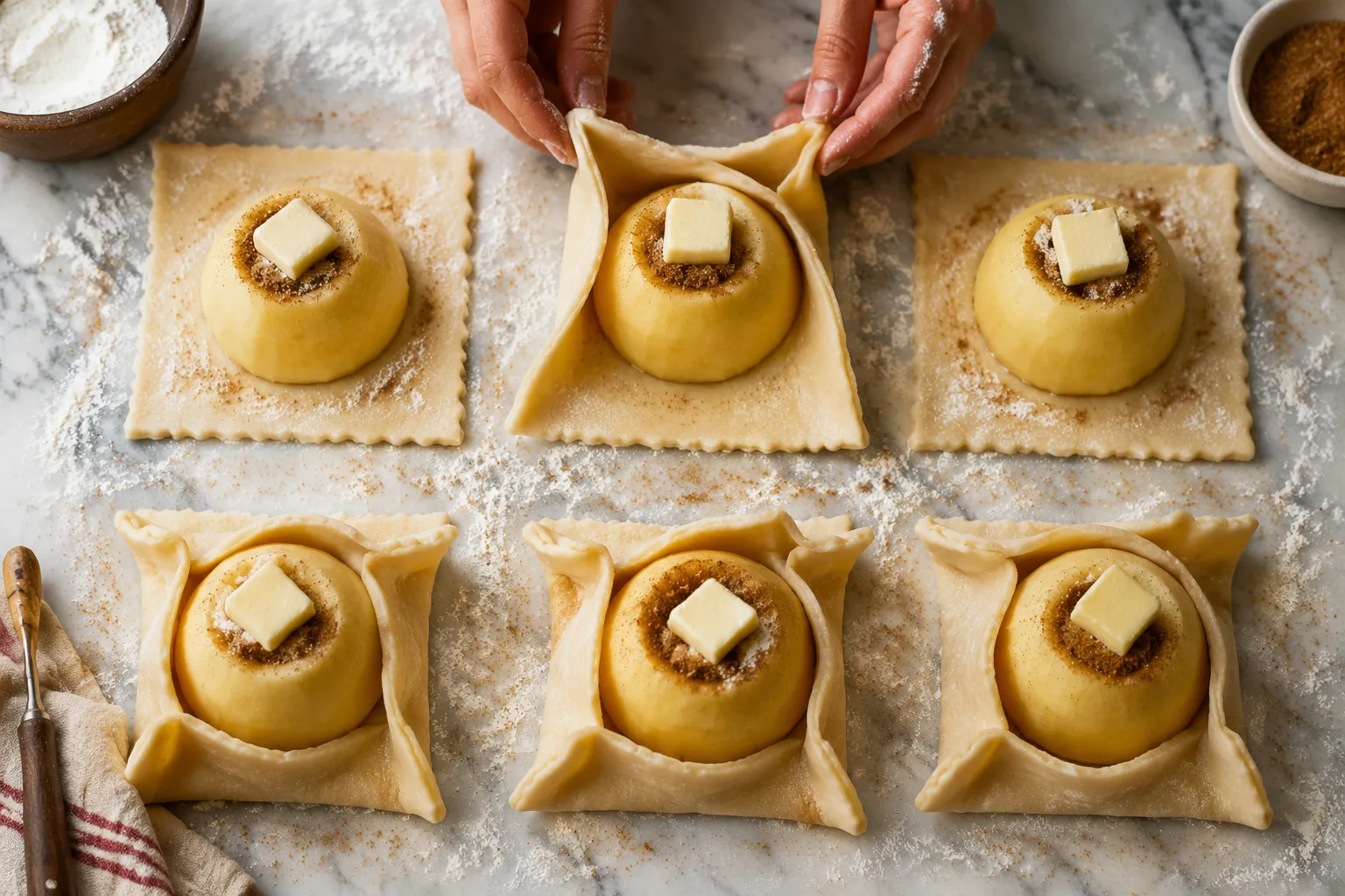 Wrapping apples in pie crust for old-fashioned apple dumplings
