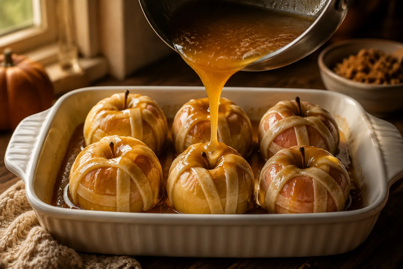 Pouring buttery cinnamon syrup over apple dumplings before baking