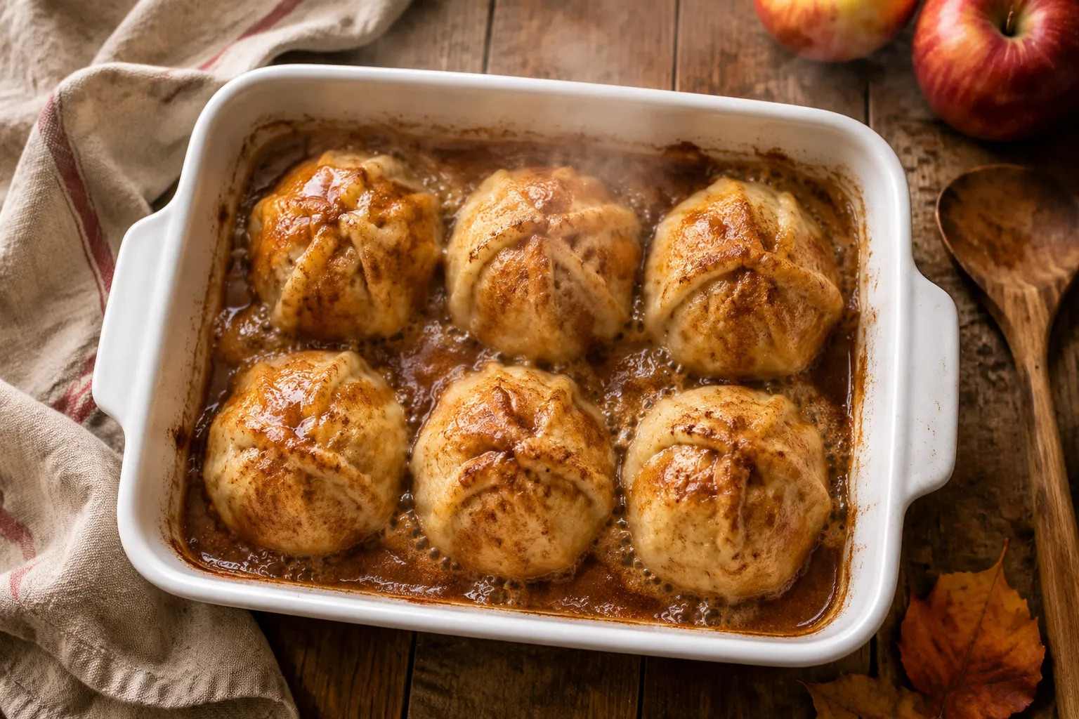 Baked old-fashioned apple dumplings in a white casserole dish