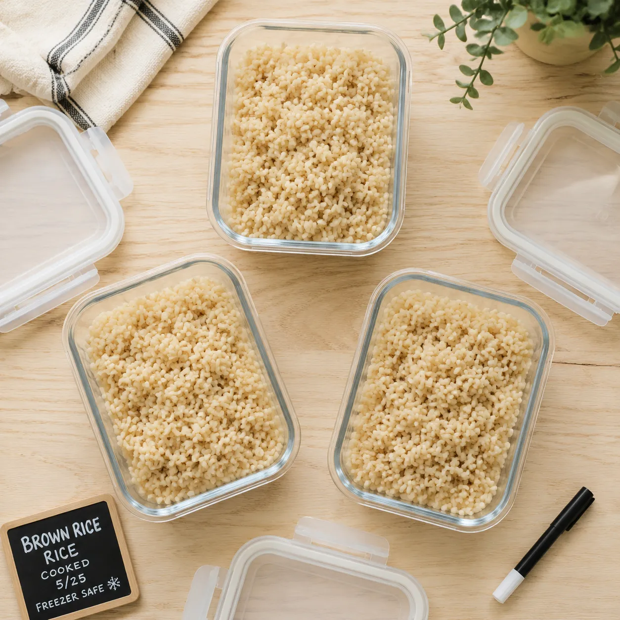 Cooked brown rice portioned in glass containers for meal prep storage