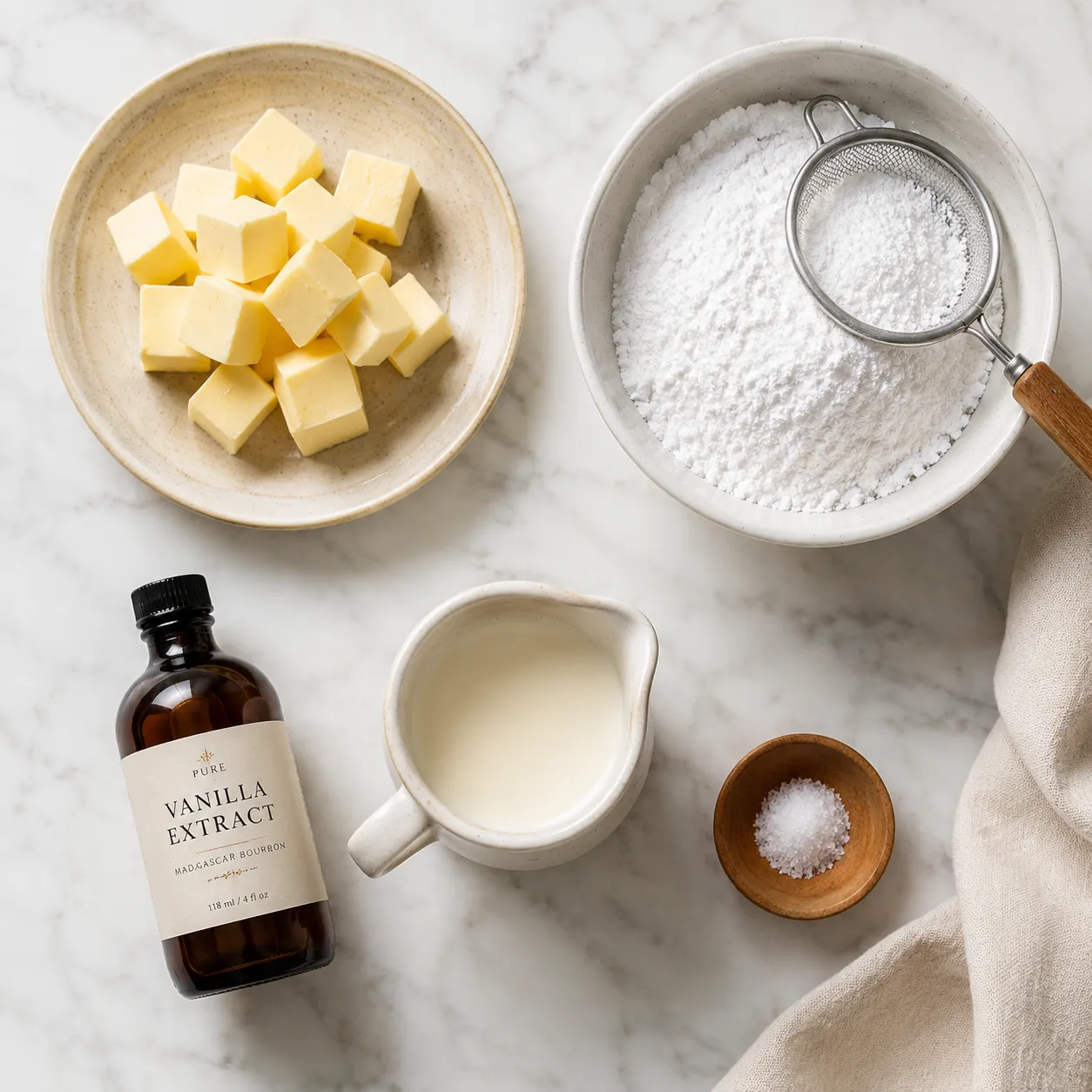 Buttercream recipe ingredients flatlay with butter, powdered sugar, cream, and vanilla