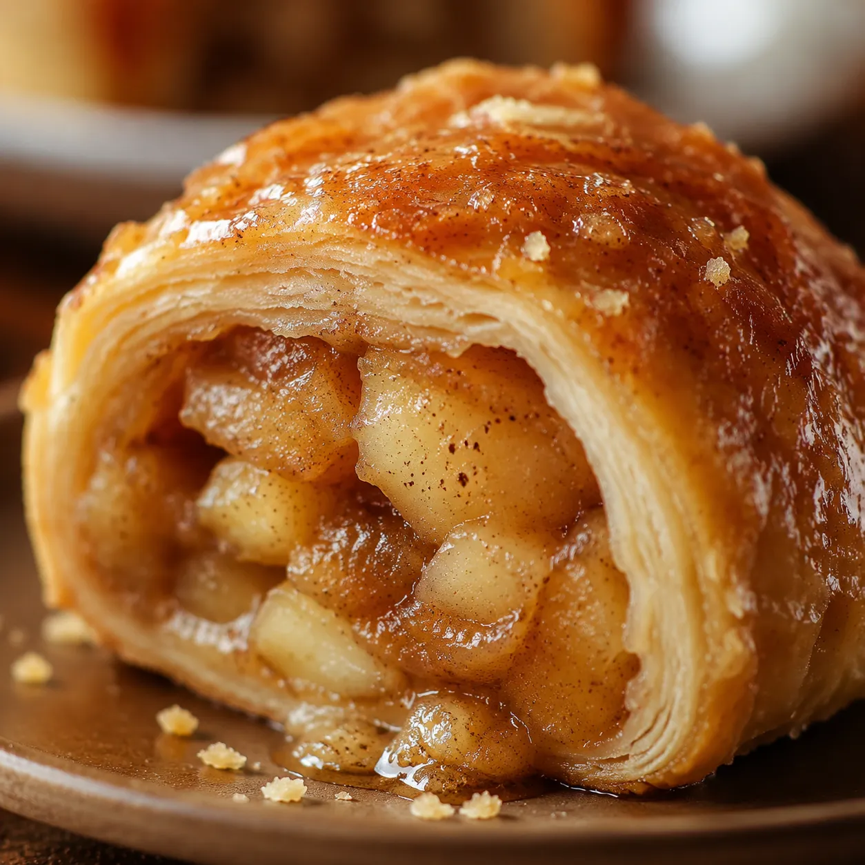 Close-up of apple dumpling interior with tender cinnamon apple and flaky pastry