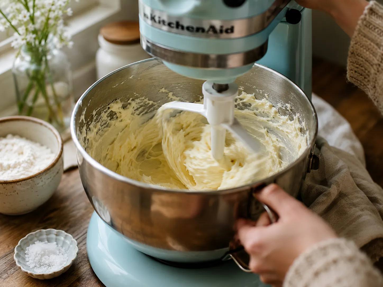 Whipping butter until pale and fluffy for buttercream frosting