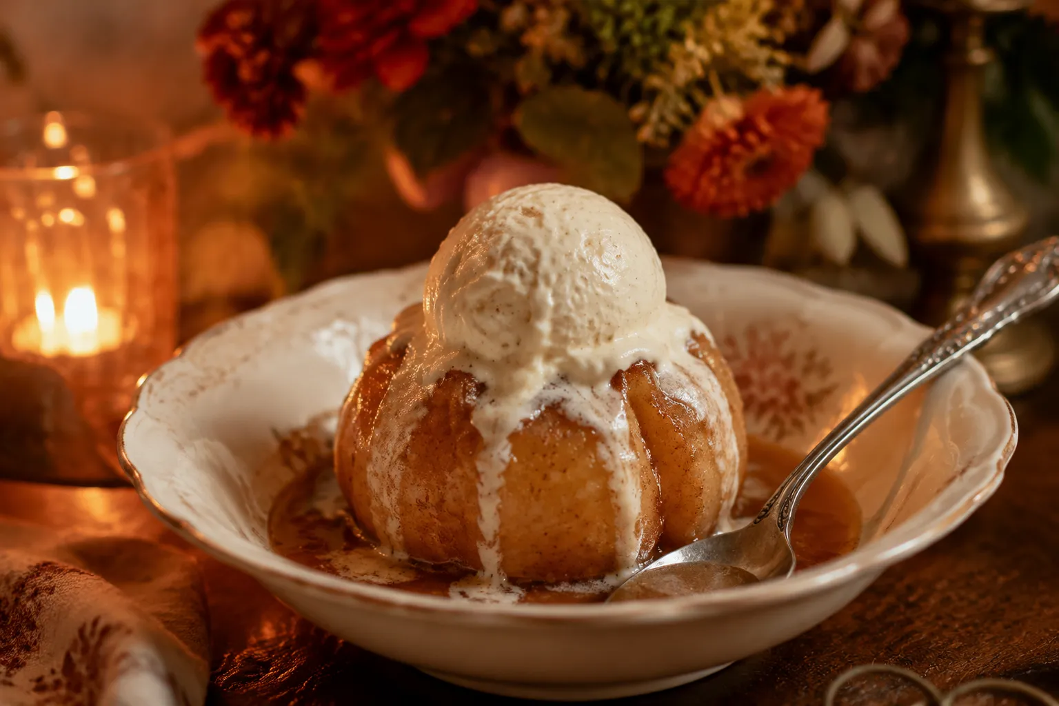 Apple dumplings served with vanilla ice cream and cinnamon syrup