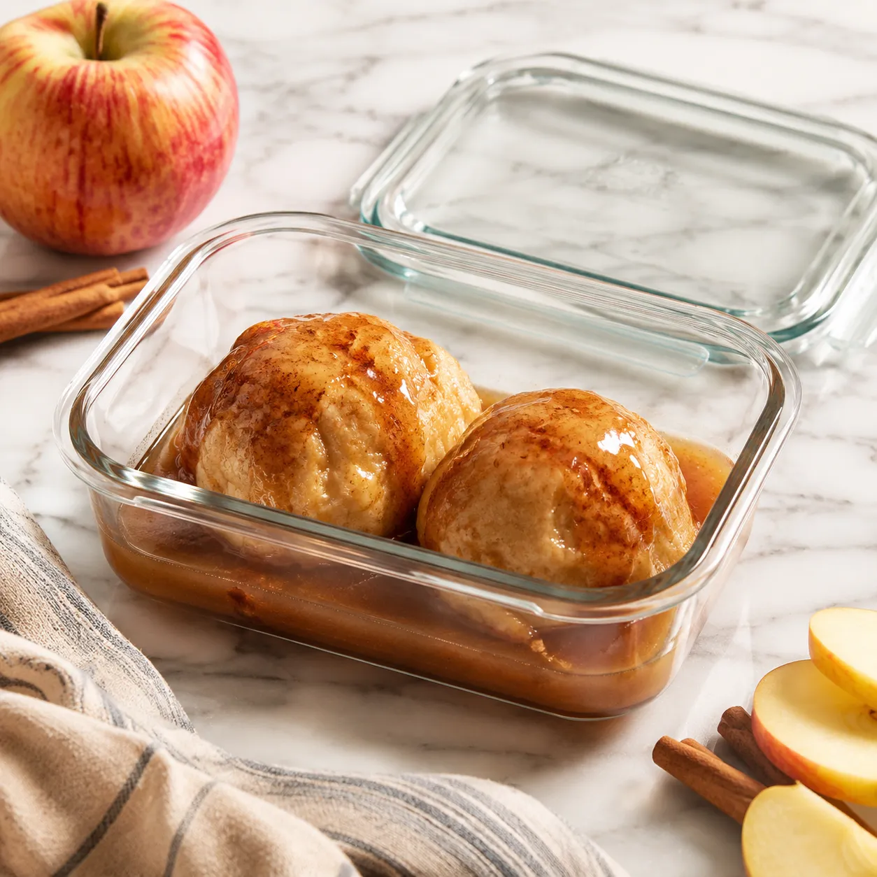 Storing leftover apple dumplings in a glass container for later