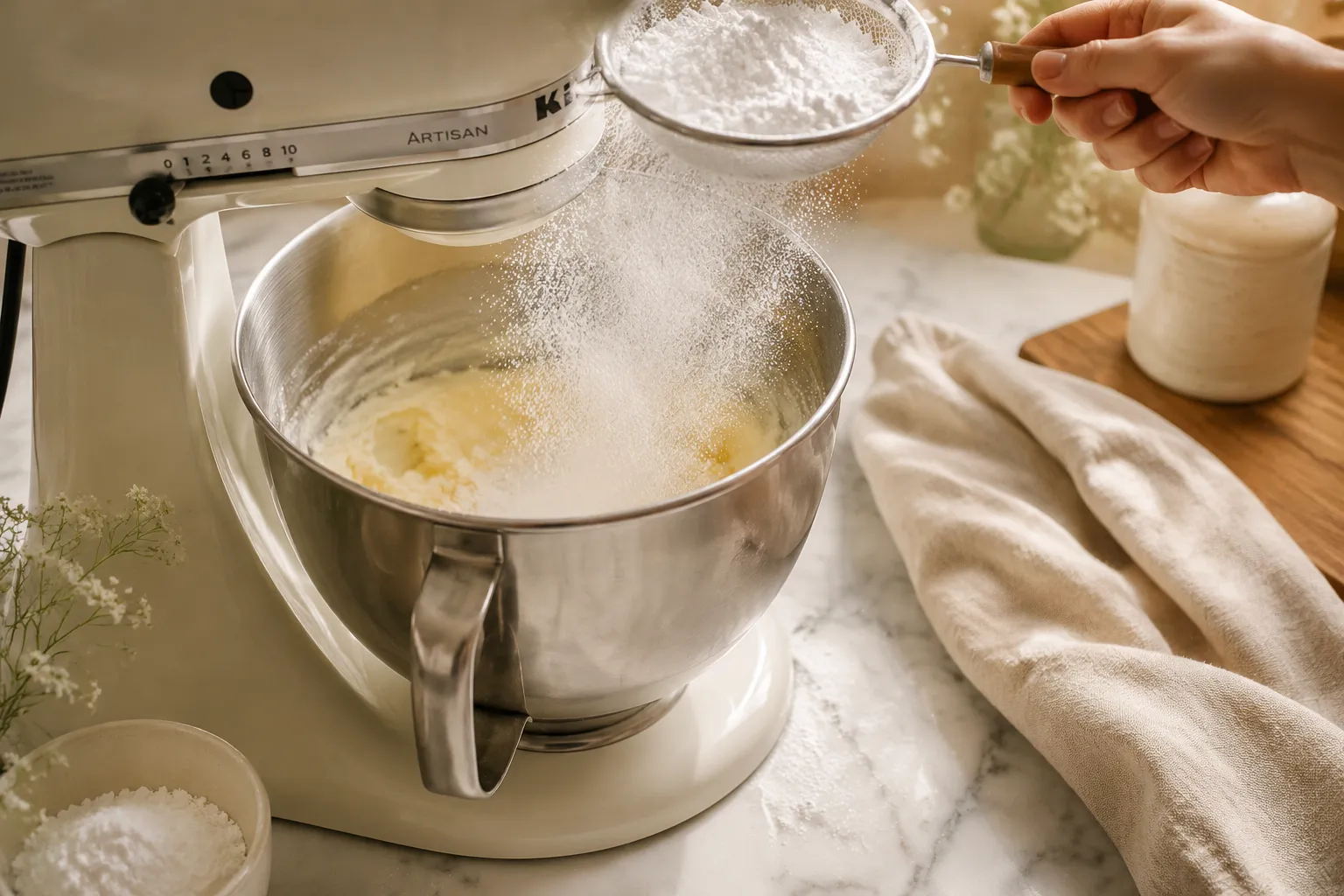 Adding sifted powdered sugar to whipped butter for buttercream icing