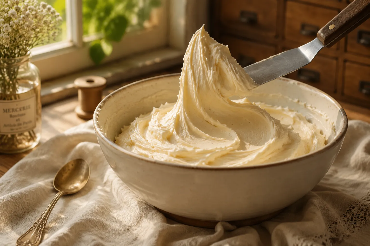 Finished bowl of fluffy homemade buttercream frosting with a spatula