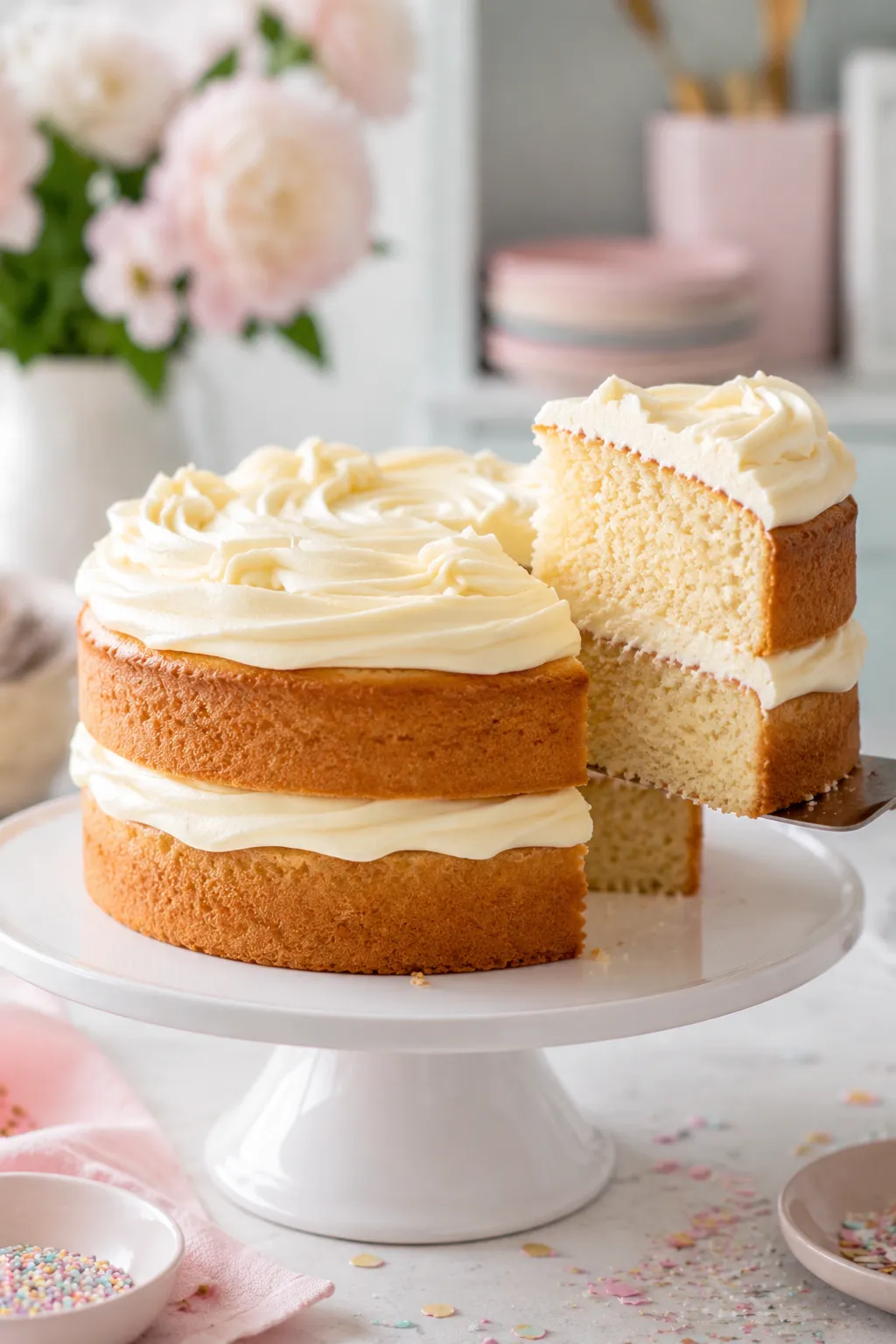 Buttercream frosting recipe for cake spread between vanilla layers