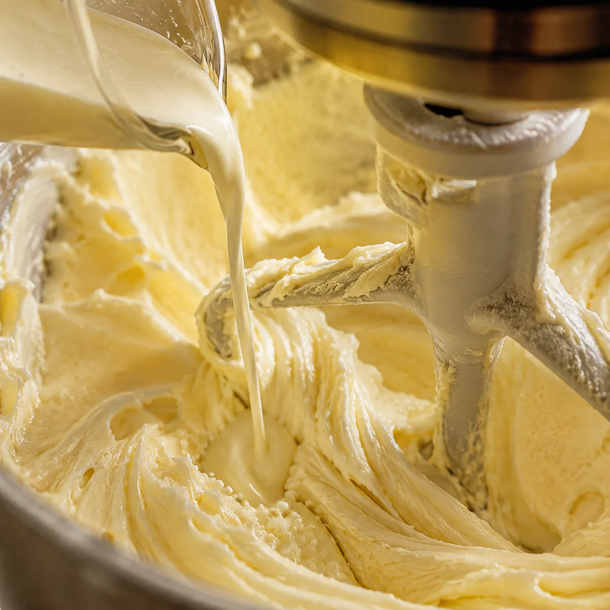 Pouring heavy cream into buttercream frosting for a silky texture