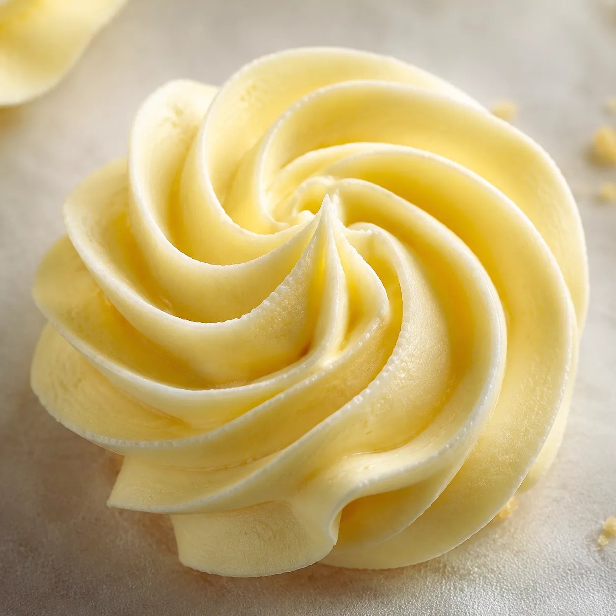 Close-up of a piped buttercream rosette showing smooth texture