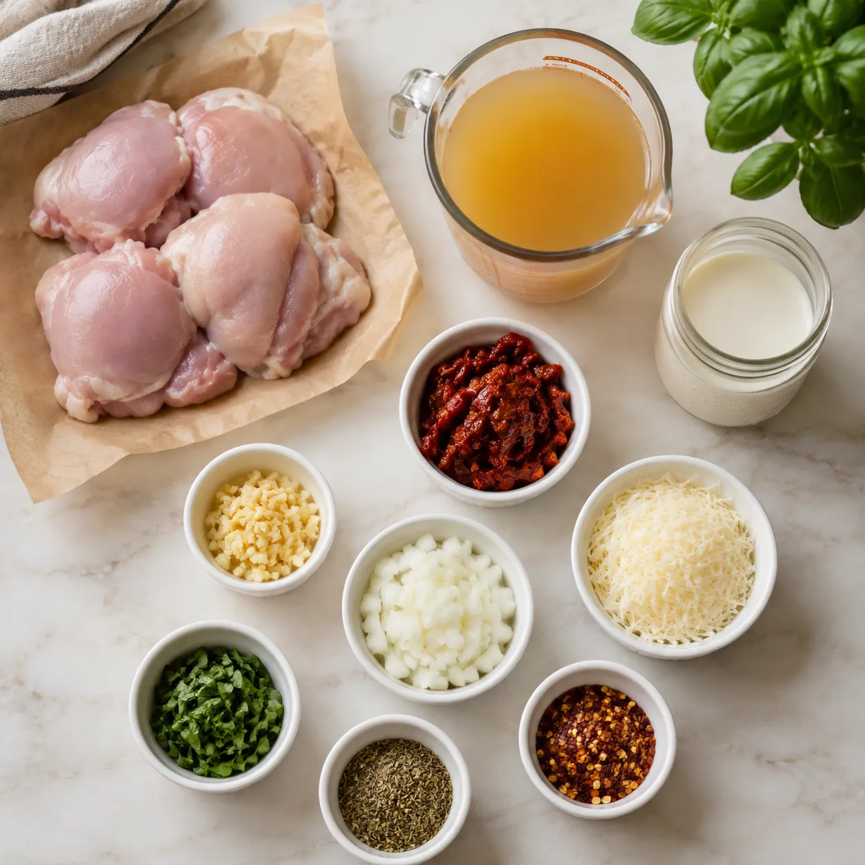 Marry me chicken soup ingredients flatlay with sun-dried tomatoes and parmesan