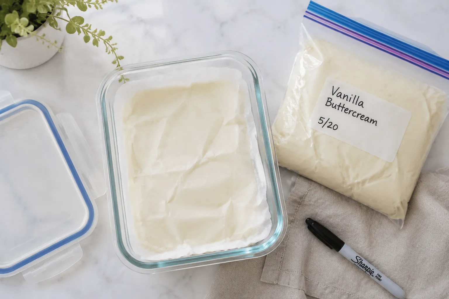 Storing homemade buttercream frosting in glass container and freezer bag