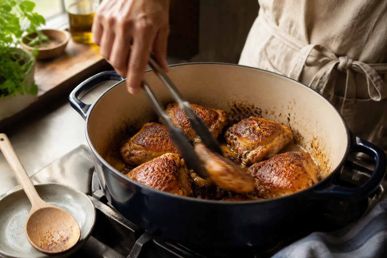Searing chicken thighs in a Dutch oven for marry me chicken soup