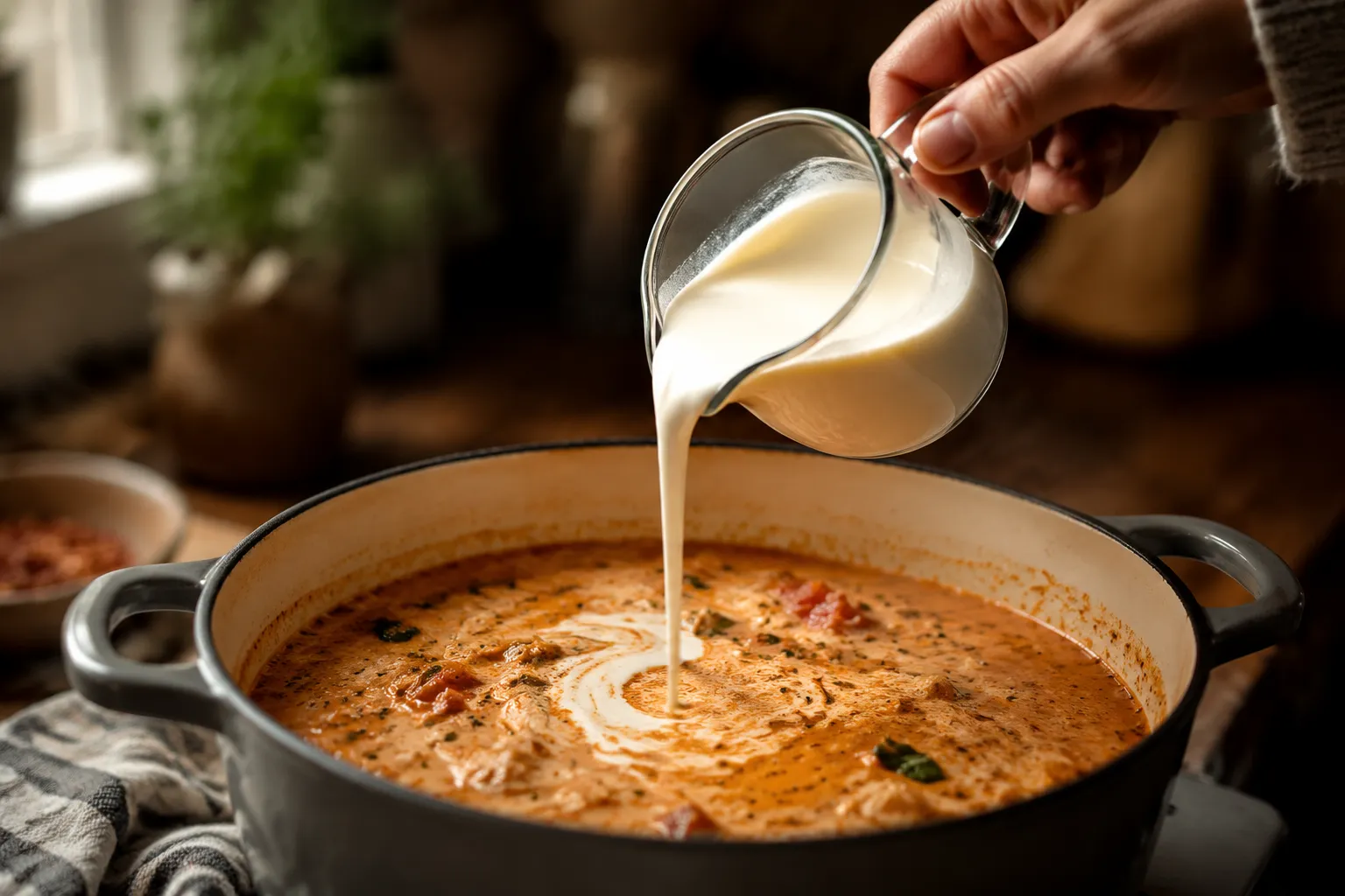 Pouring heavy cream into marry me chicken soup to create the creamy broth