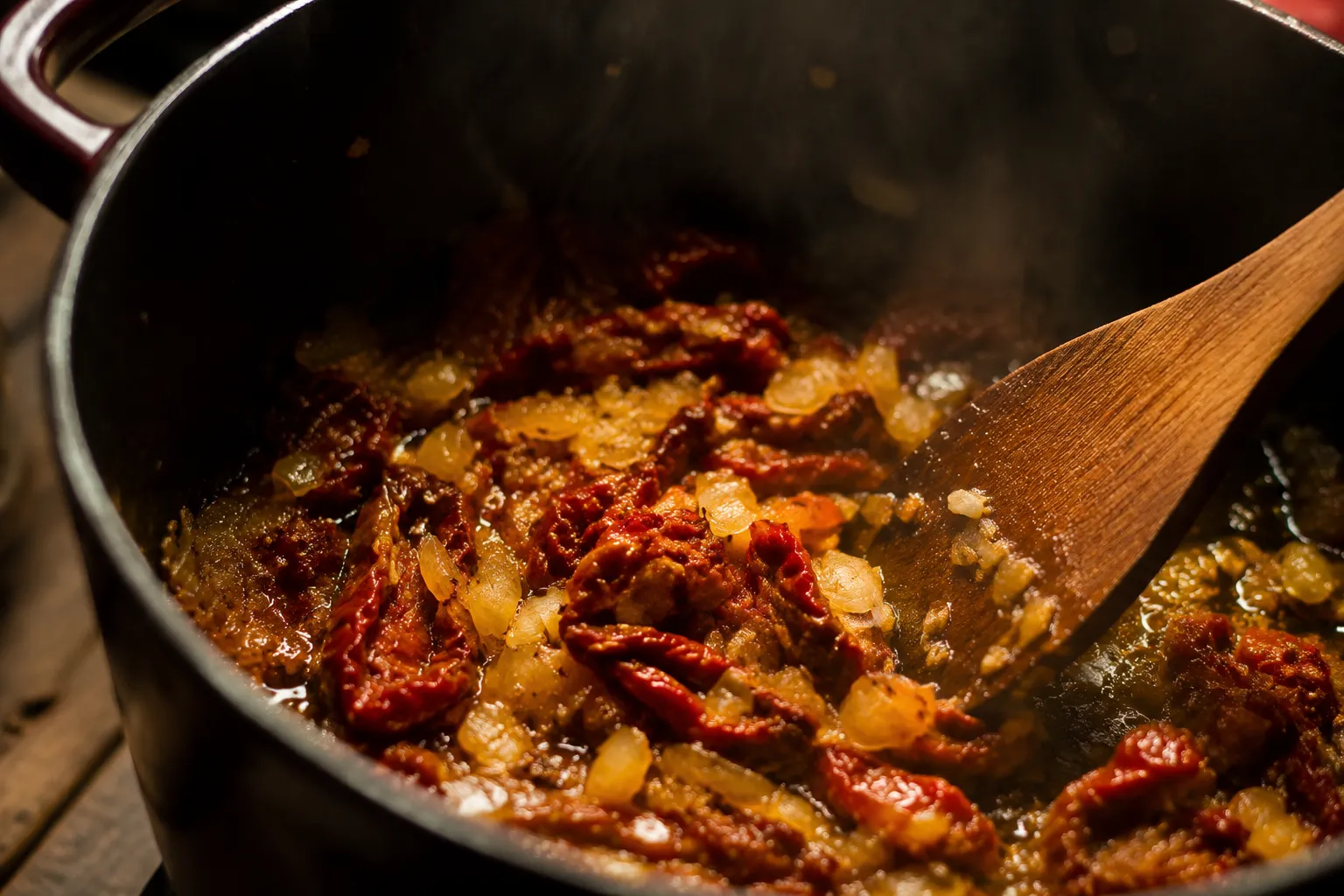 Sun-dried tomatoes and garlic sautéing for creamy Tuscan chicken soup