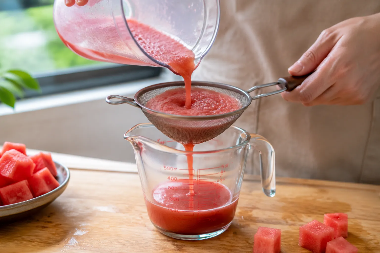 Straining fresh watermelon juice for a homemade watermelon margarita