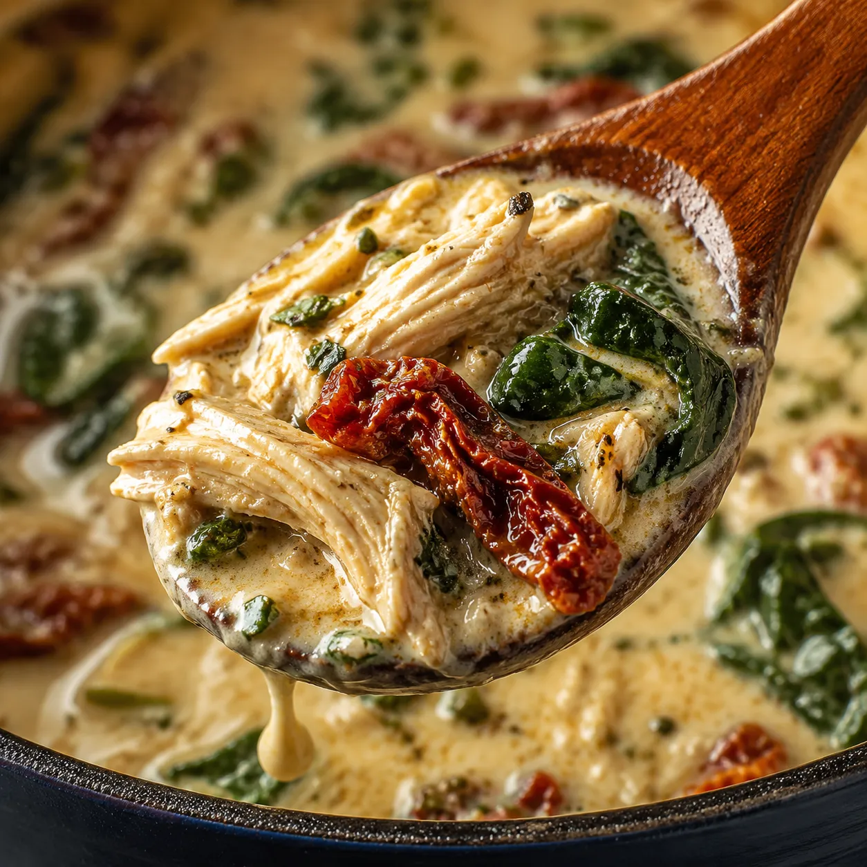 Close-up of creamy marry me chicken soup on a wooden spoon