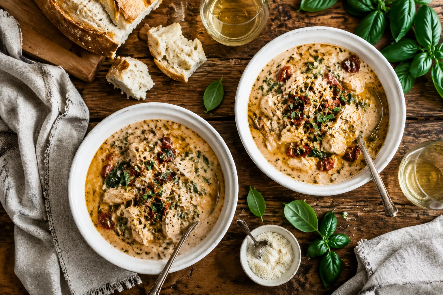 Two bowls of marry me chicken soup served with crusty bread and wine