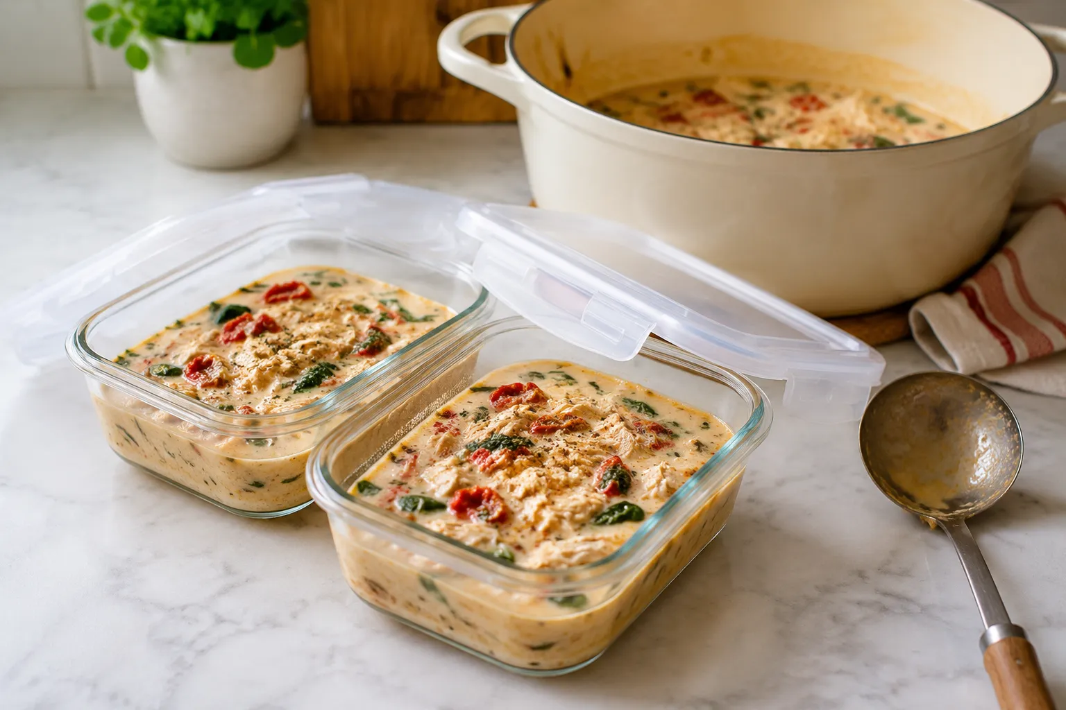 Marry me chicken soup leftovers stored in glass meal-prep containers