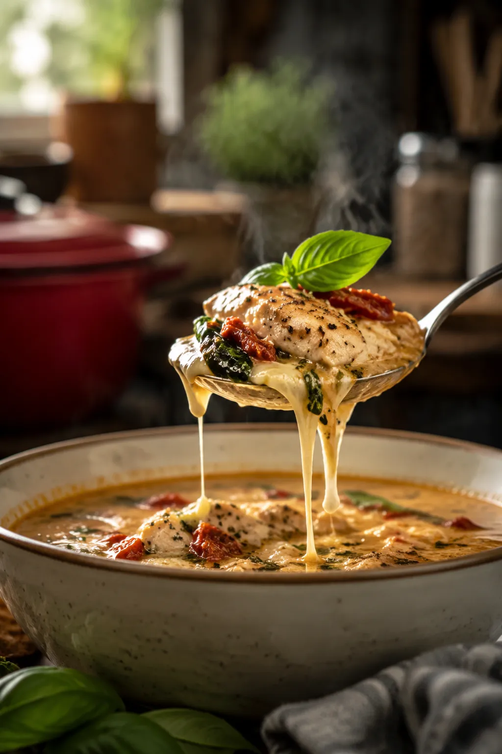 Spoonful of creamy marry me chicken soup with parmesan and basil