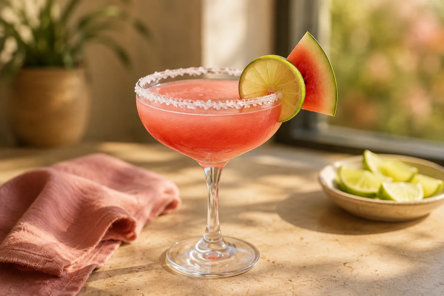 Finished watermelon margarita recipe served in a coupe glass with lime and watermelon garnish